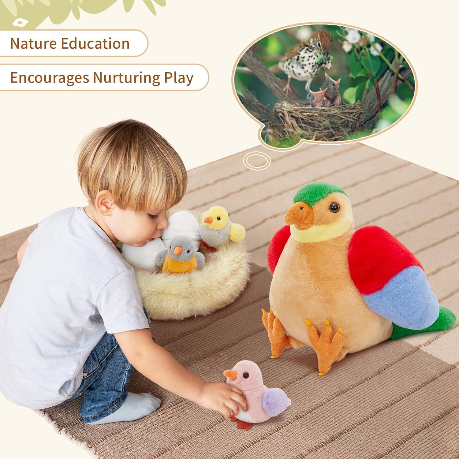 MorisMos Juguete de Peluche Mamá Ave con Pollitos 30cm