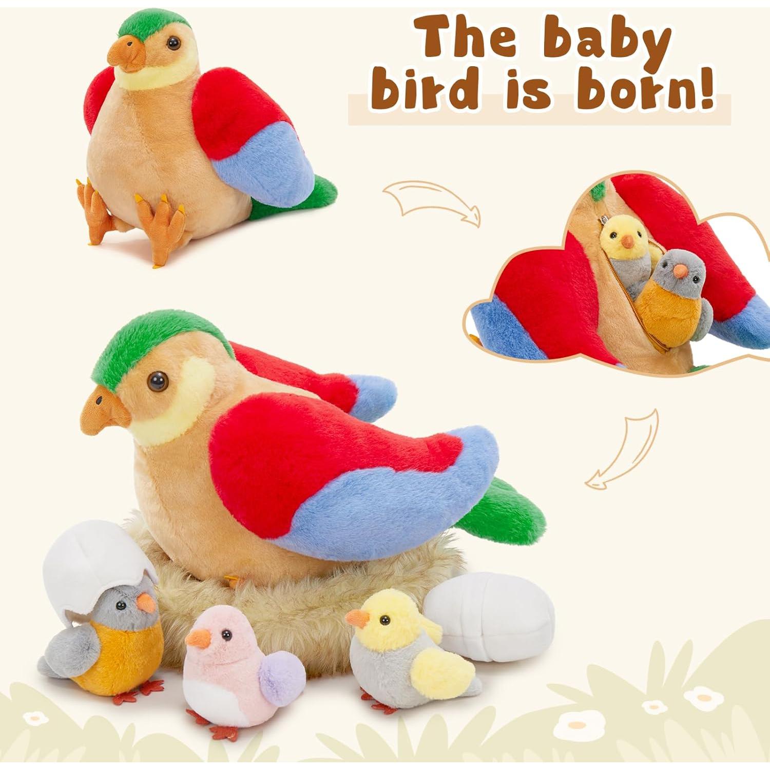 MorisMos Juguete de Peluche Mamá Ave con Pollitos 30cm