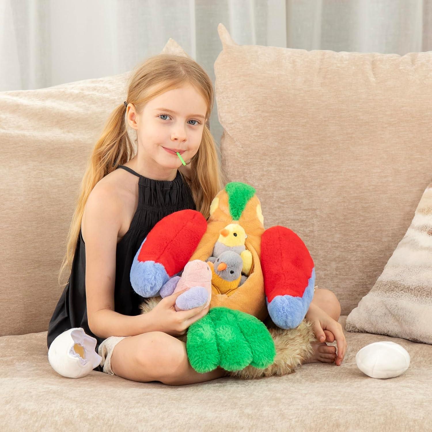 MorisMos Juguete de Peluche Mamá Ave con Pollitos 30cm