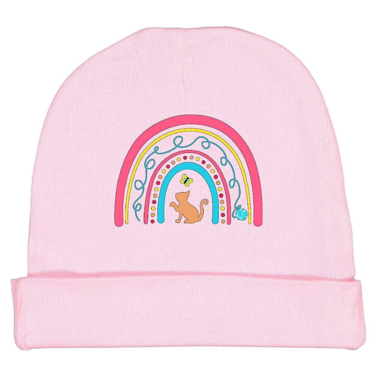 Gorro de bebé rosa con tema de gato y mariposa