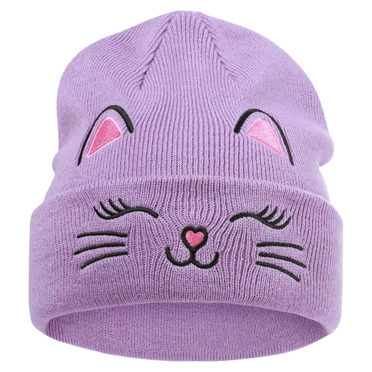 Gorro de Invierno Tejido Unisex Gato Bordado para Niños 7-12 Años