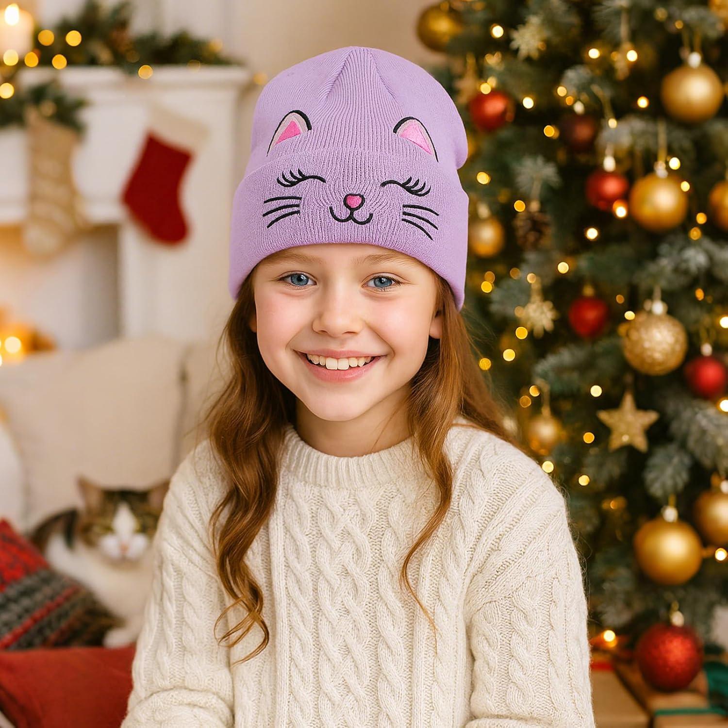Gorro de Invierno Tejido Unisex Gato Bordado para Niños 7-12 Años