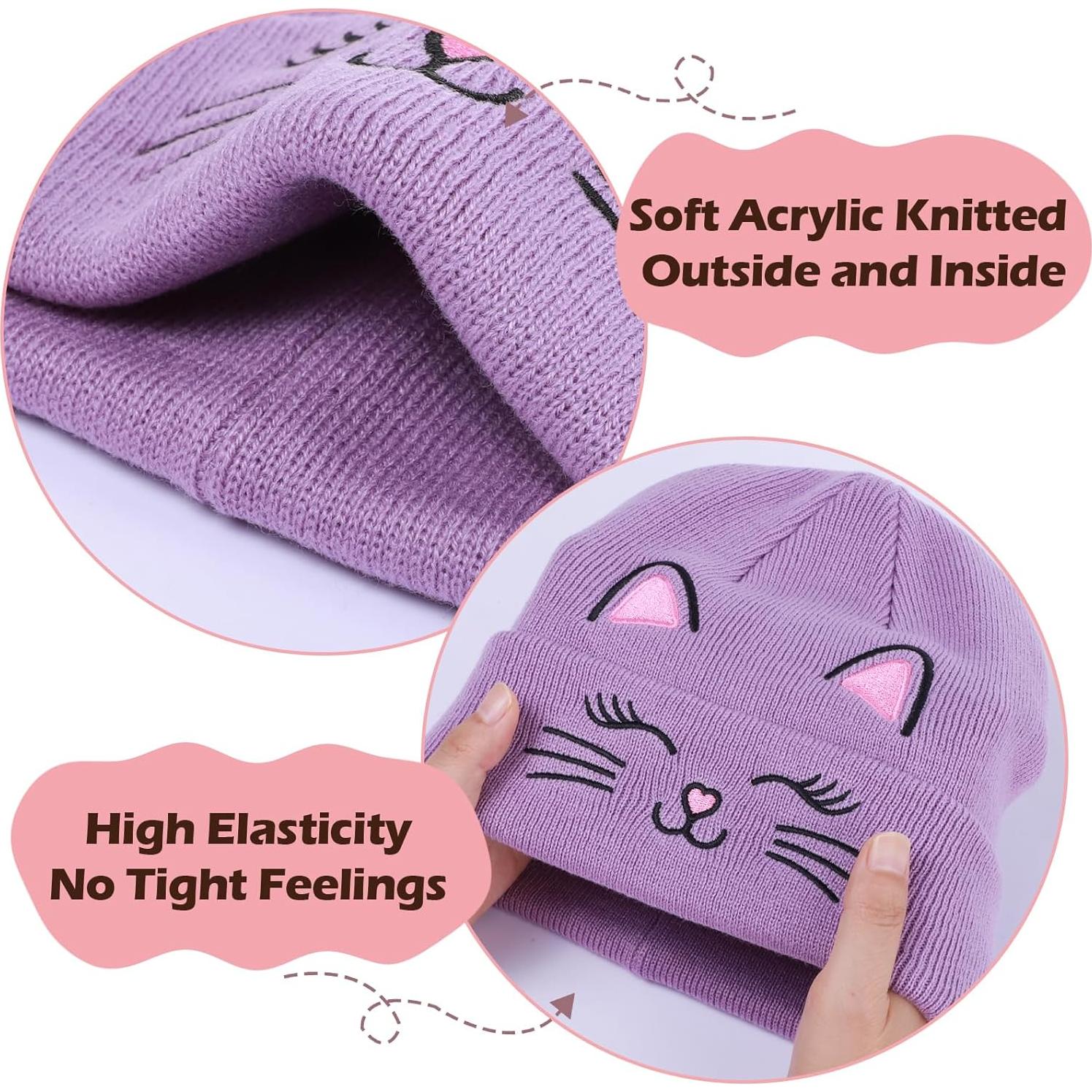 Gorro de Invierno Tejido Unisex Gato Bordado para Niños 7-12 Años