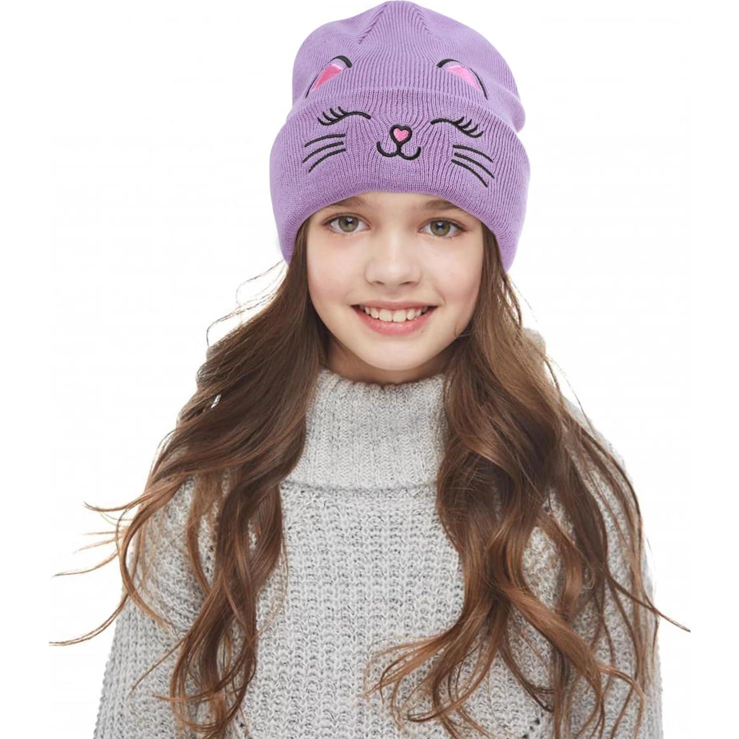 Gorro de Invierno Tejido Unisex Gato Bordado para Niños 7-12 Años