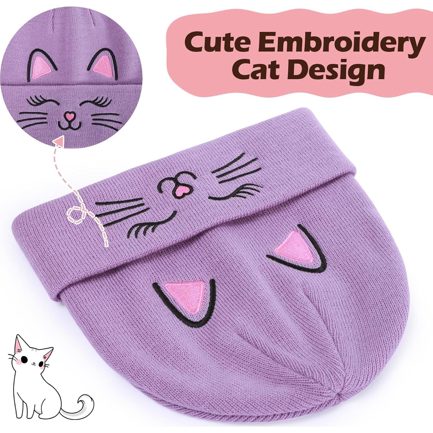 Gorro de Invierno Tejido Unisex Gato Bordado para Niños 7-12 Años