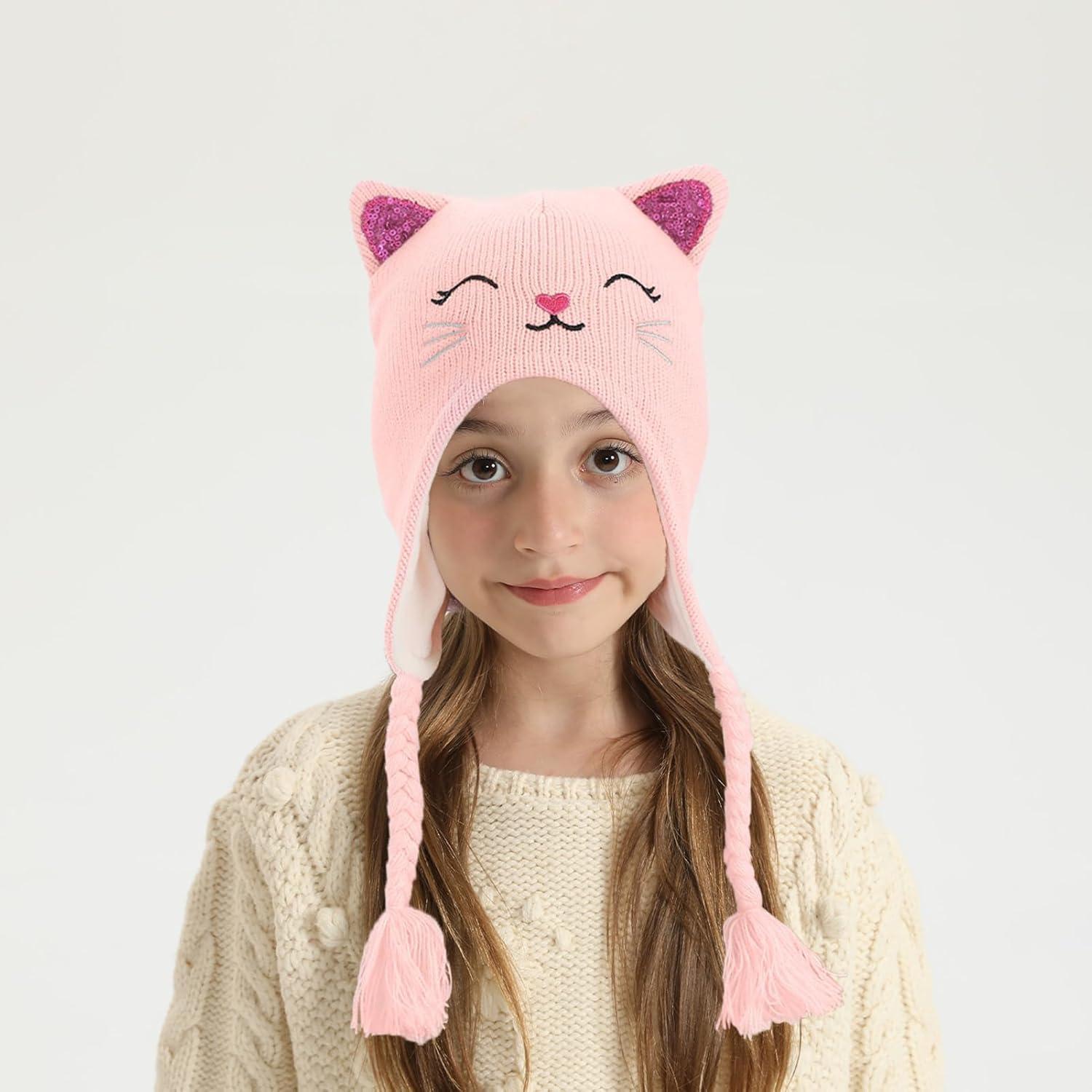 Gorro de Invierno para Niñas con Orejas de Gato Rosa 3-7 Años