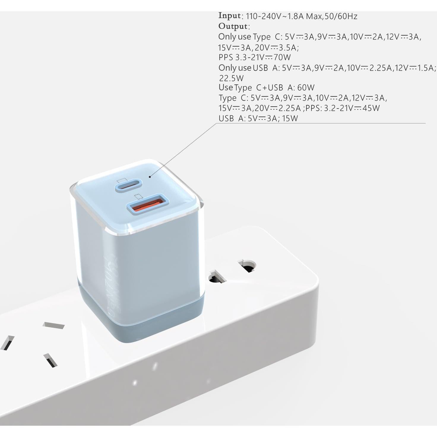 Cargador USB C 70W KABCON Rápido GaN 2 Puertos Azul Claro