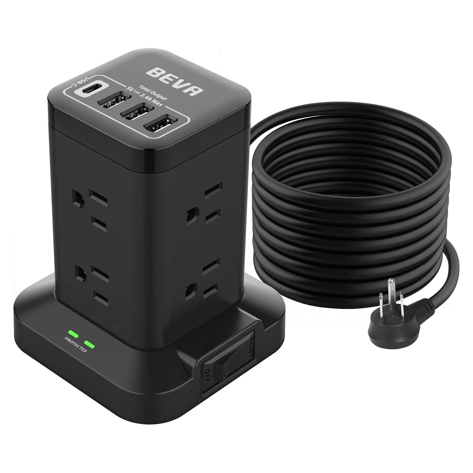 Torre de Regleta BEVA 8 AC 4 USB-C 1.98m Protector Sobretensiones