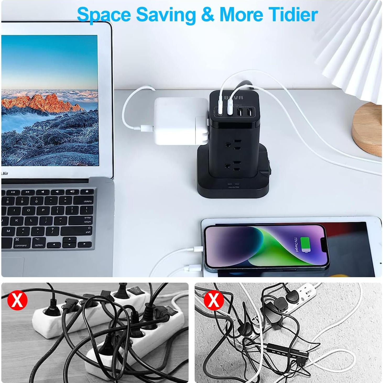 Torre de Regleta BEVA 8 AC 4 USB-C 1.98m Protector Sobretensiones