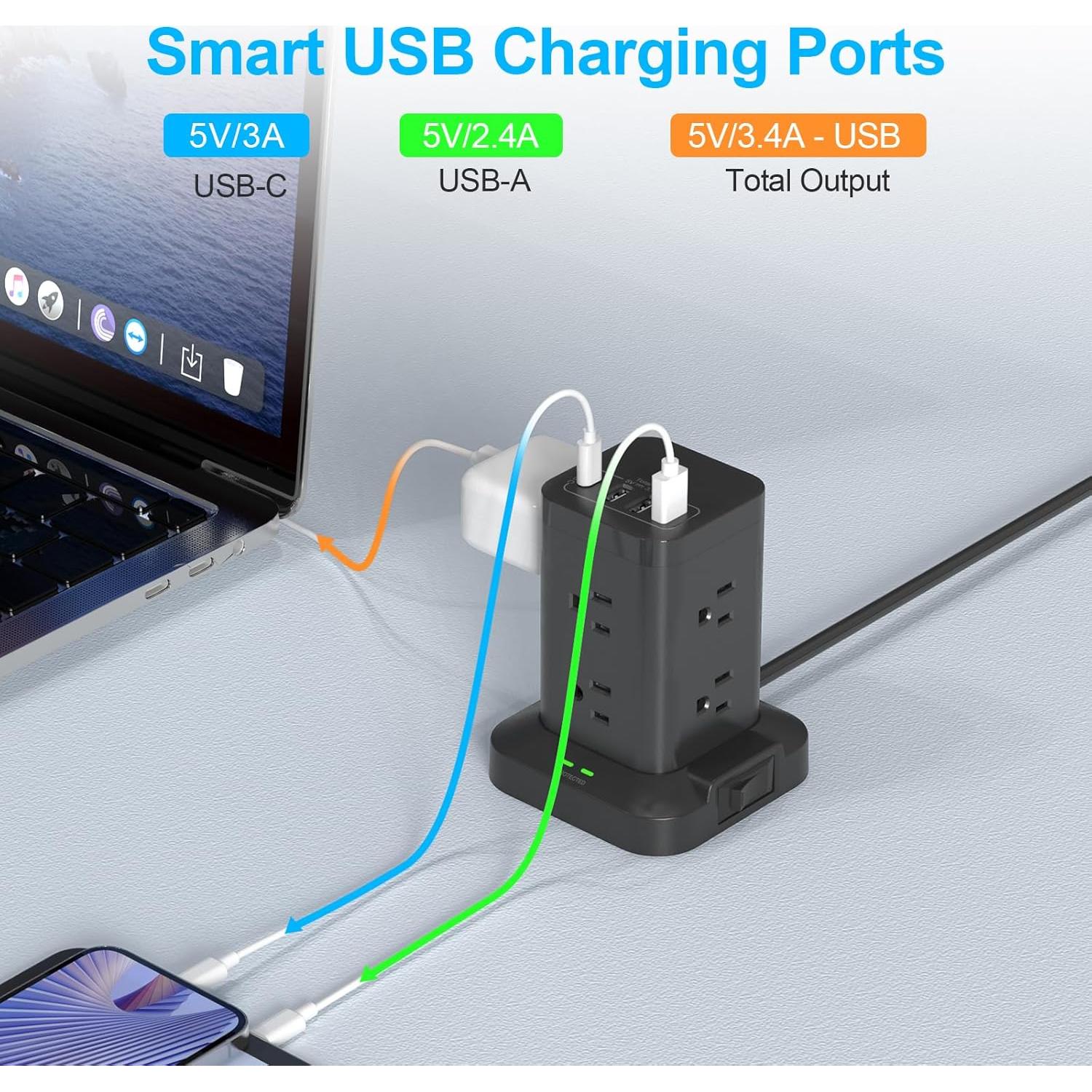 Torre de Regleta BEVA 8 AC 4 USB-C 1.98m Protector Sobretensiones