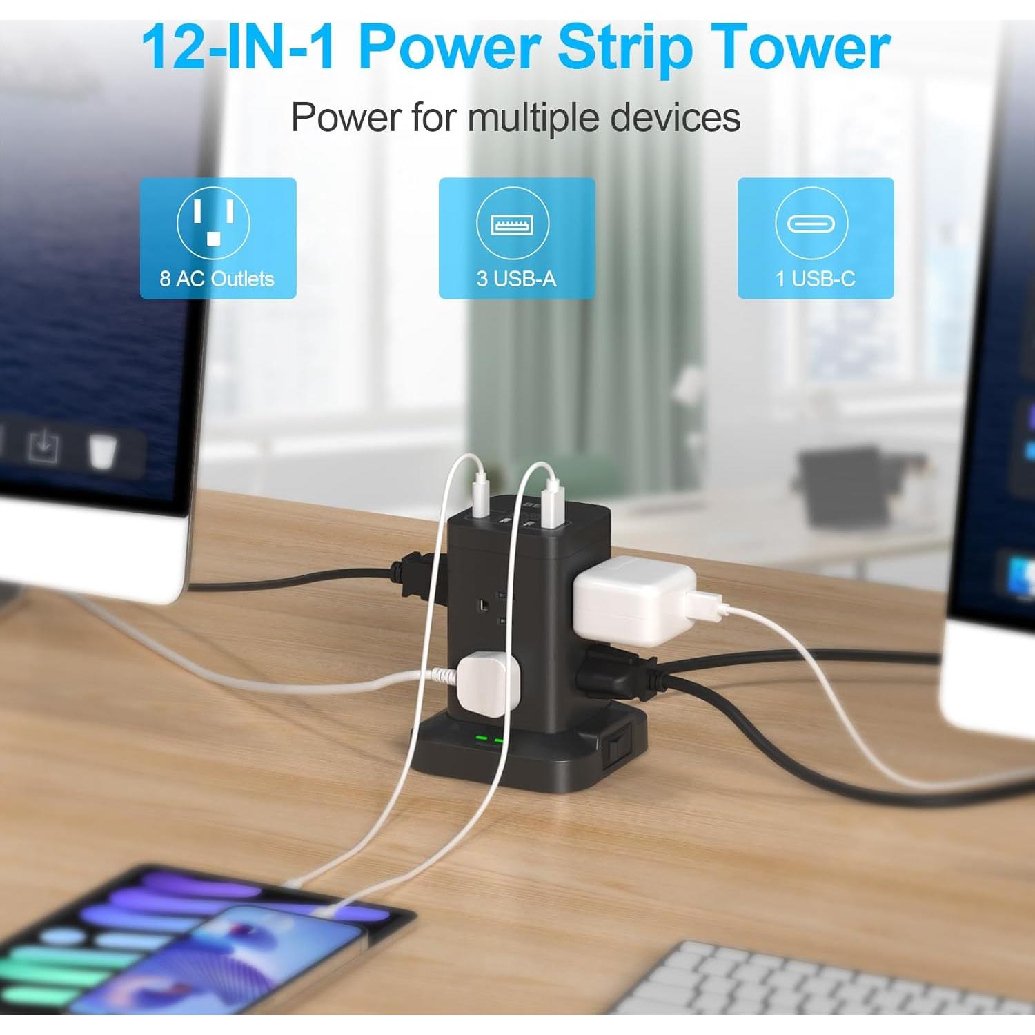 Torre de Regleta BEVA 8 AC 4 USB-C 1.98m Protector Sobretensiones