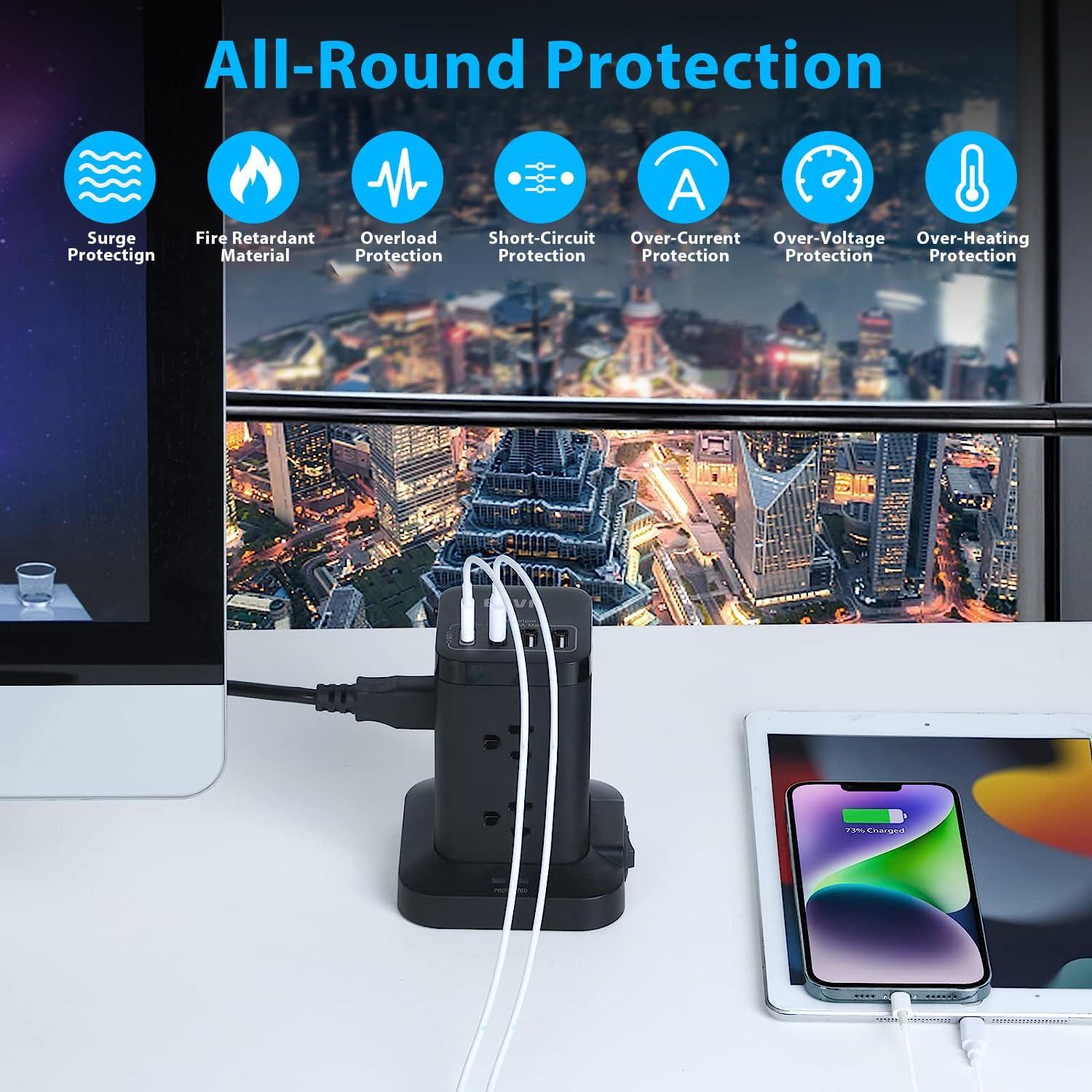 Torre de Regleta BEVA 8 AC 4 USB-C 1.98m Protector Sobretensiones