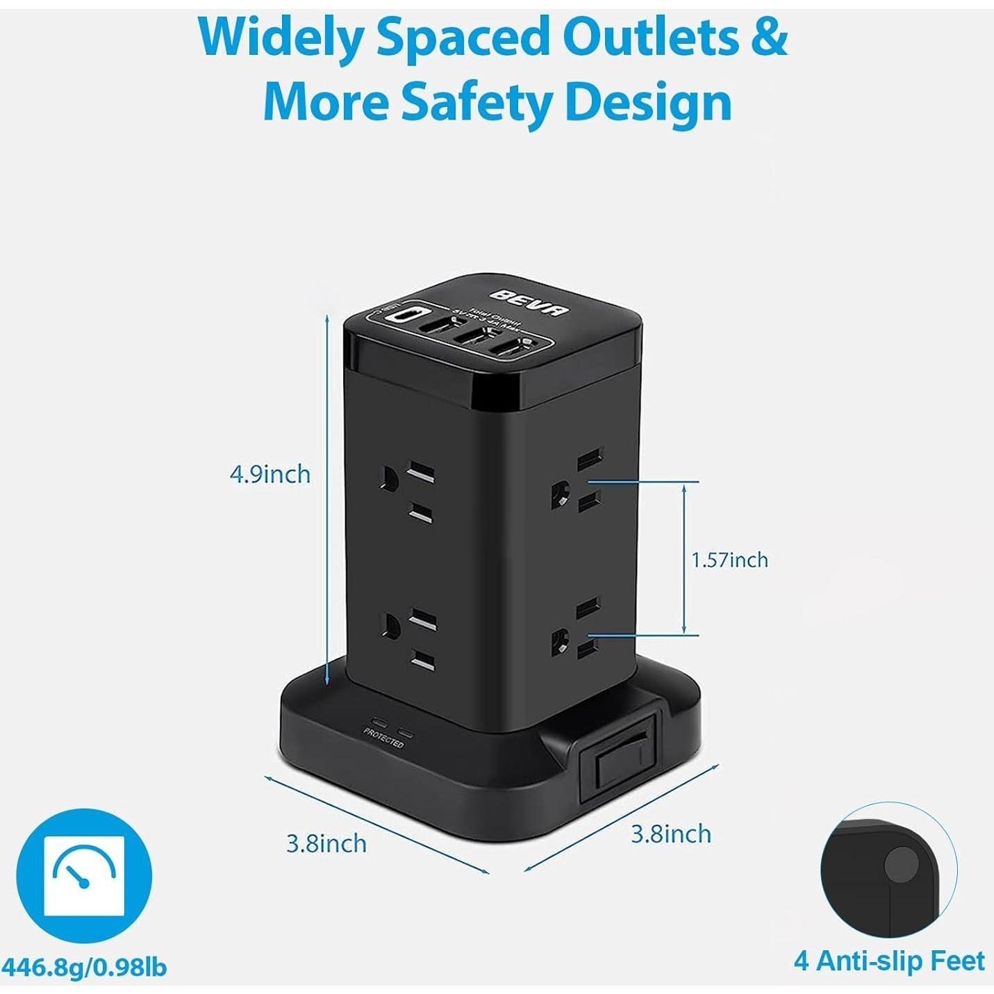 Torre de Regleta BEVA 8 AC 4 USB-C 1.98m Protector Sobretensiones