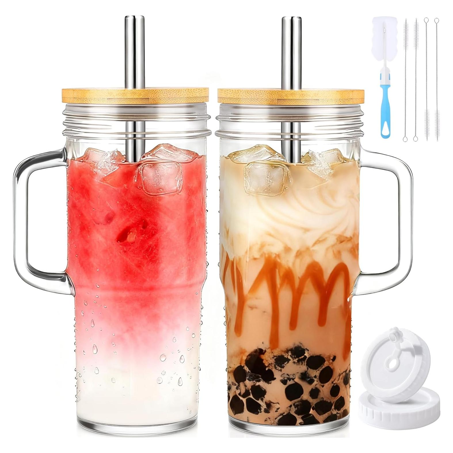 Set de 2 Tazas de Vidrio Birity 24oz con Tapa y Popote