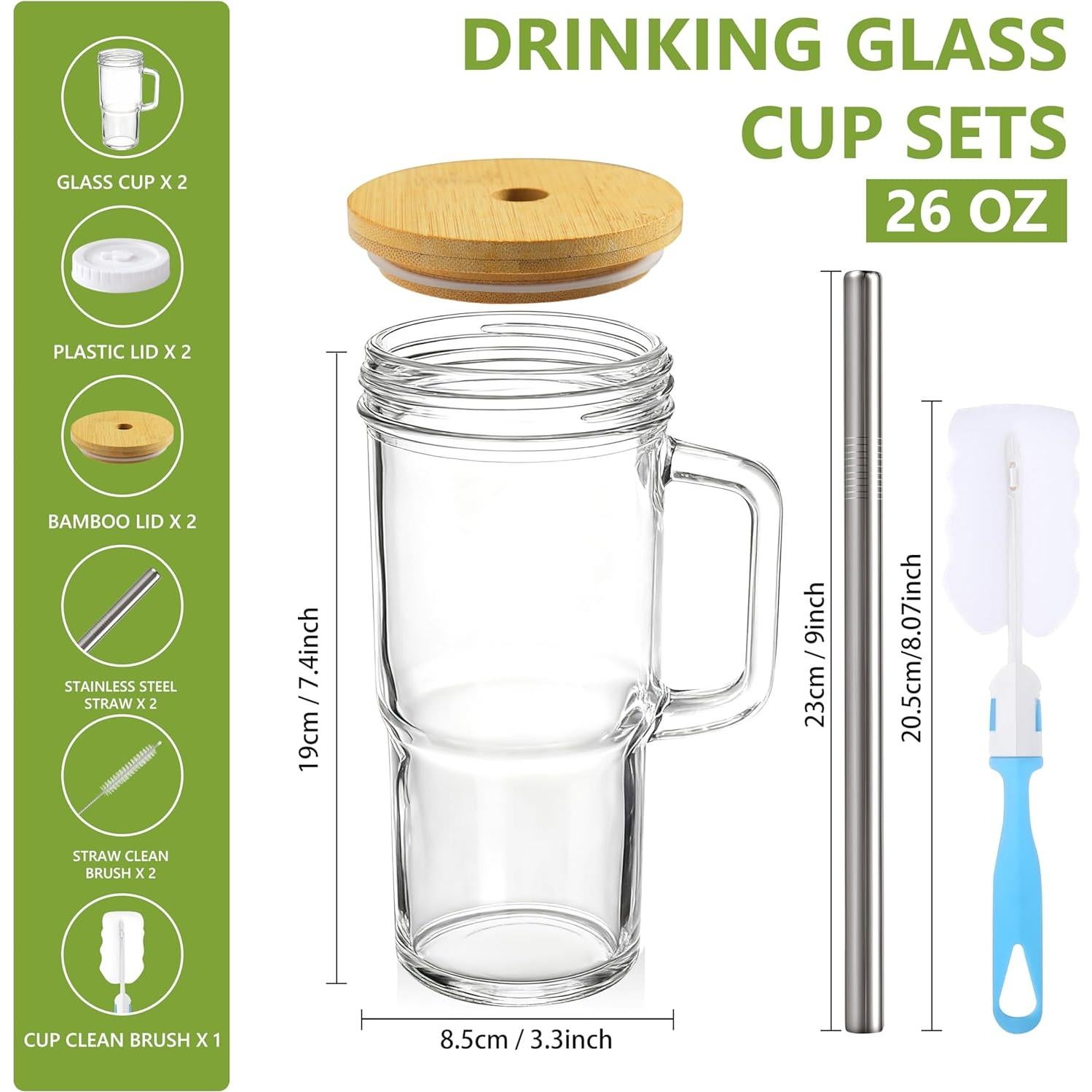 Set de 2 Tazas de Vidrio Birity 24oz con Tapa y Popote