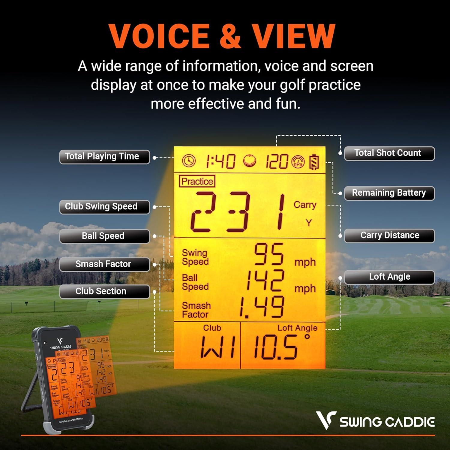Monitor de lanzamiento de golf Voice Caddie SC200Plus portátil