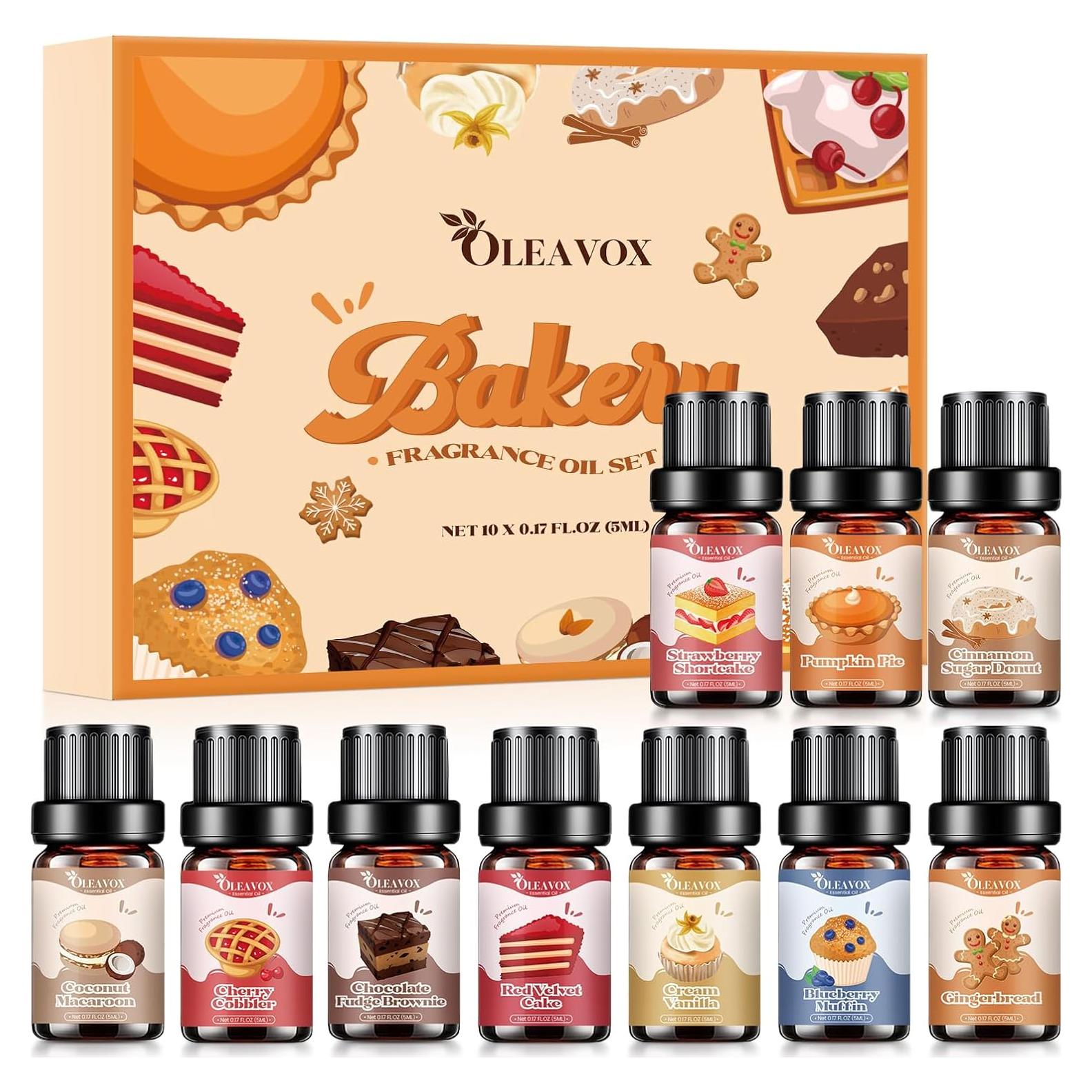 Bakery Essential Oils Set,Premium Fragrance Oil for Diffusers, Scents for Candle & Soap Making, Pumpkin Pie, Cream Vanilla, Gingerbread,Cinnamon Sugar Donut and Cake More 10x5ml,Aromatherapy Oils