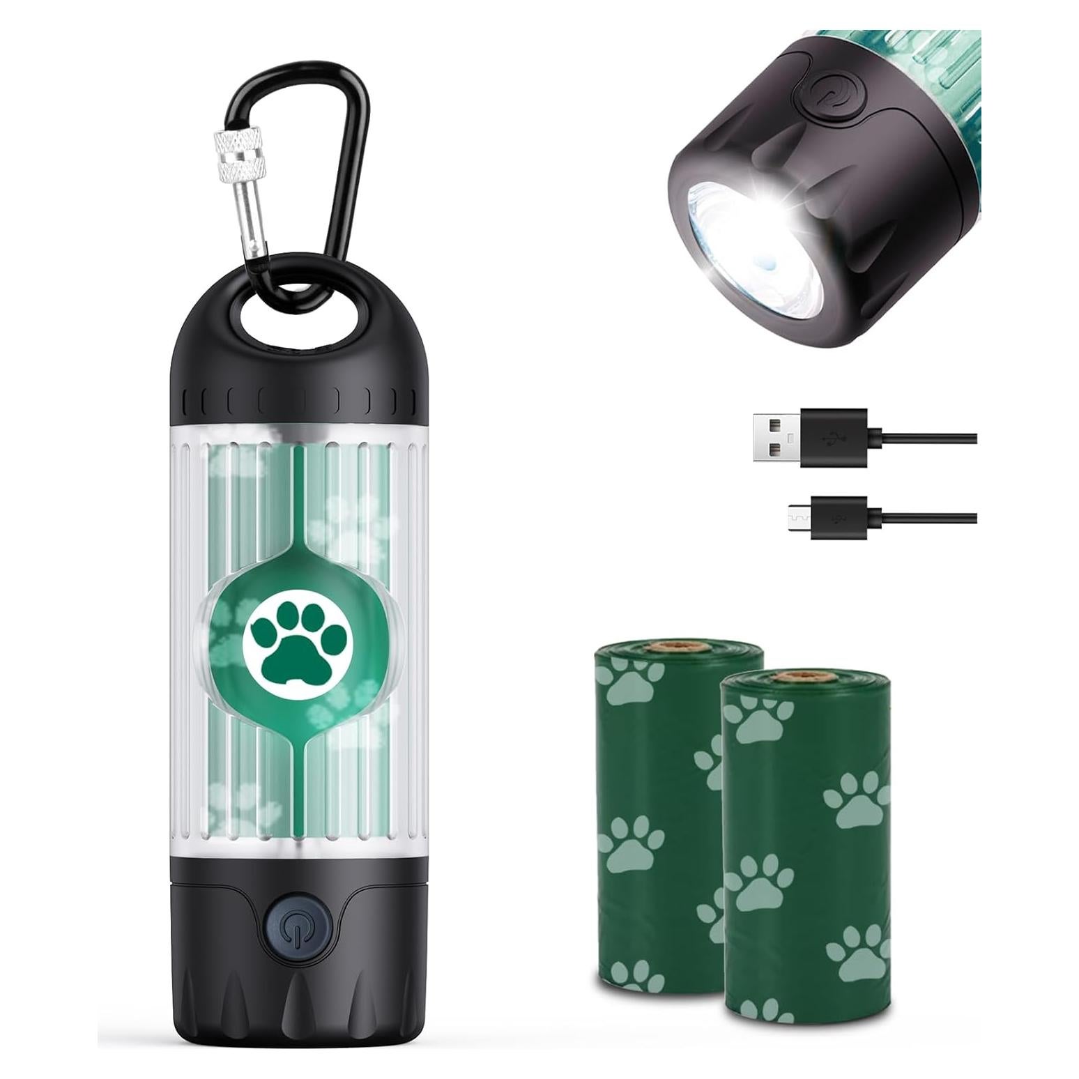 3-in-1 Dog Poop Bag Holder with Flashlight 7-Color, USB-C Rechargeable doggie bag holder for leash, IPX6 Waterproof Anti-Slip Clip Pet Waste Bag Dispenser for Walking (30 Bags Included)