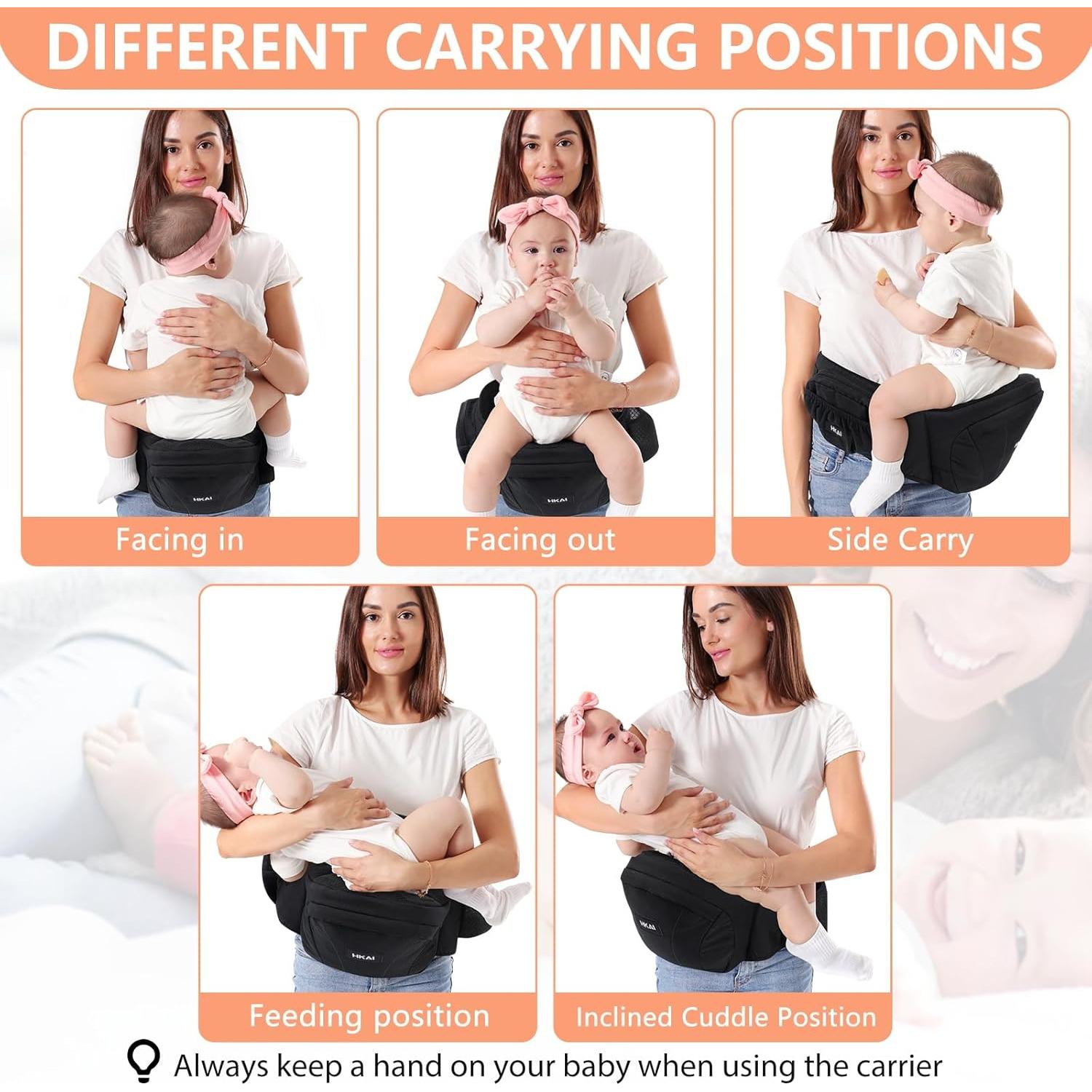 Portabebés HKAI Cadera Ergonómico Negro 0-20 kg Ajustable