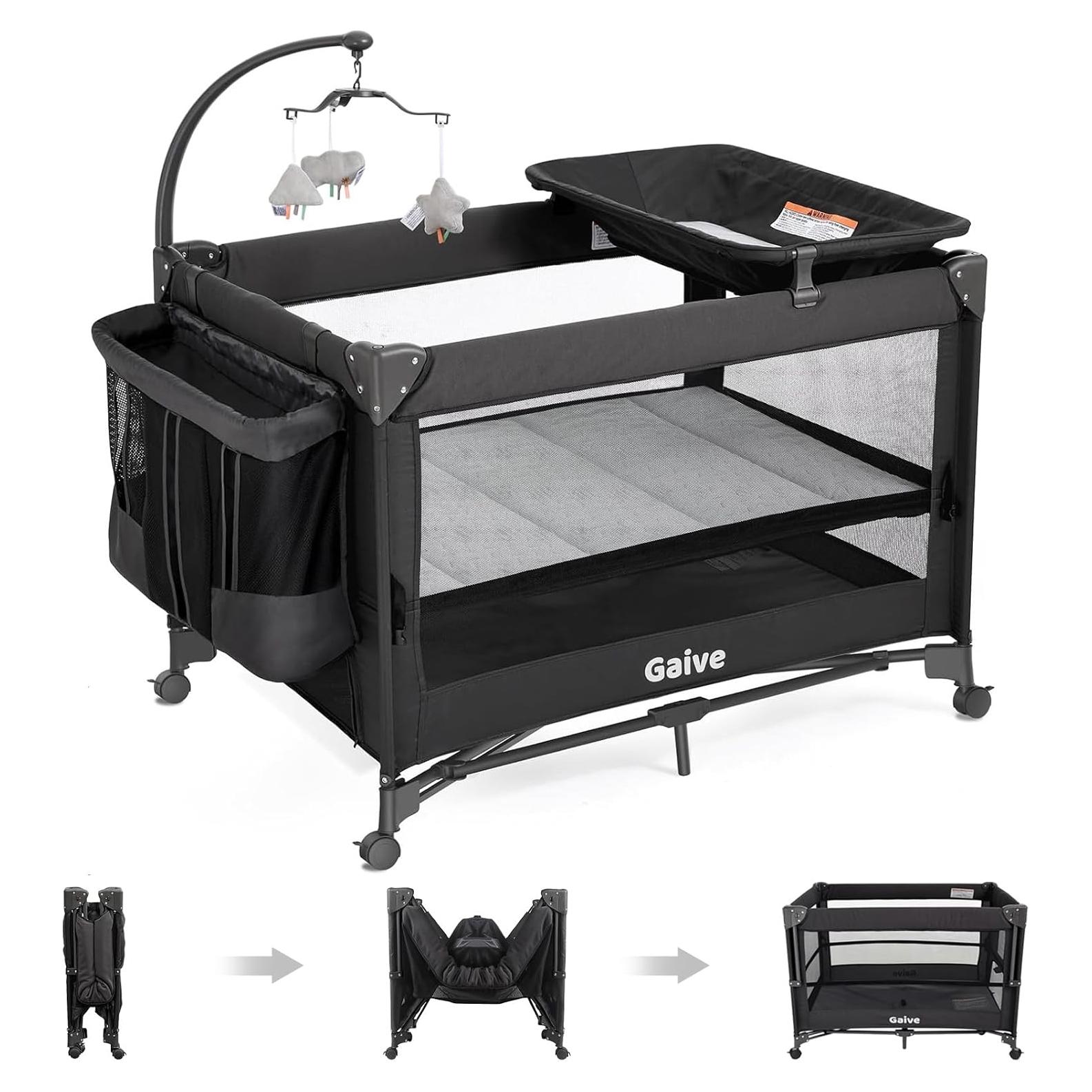 Cuna Pack and Play GAIVE con colchón y cambiador gris oscuro
