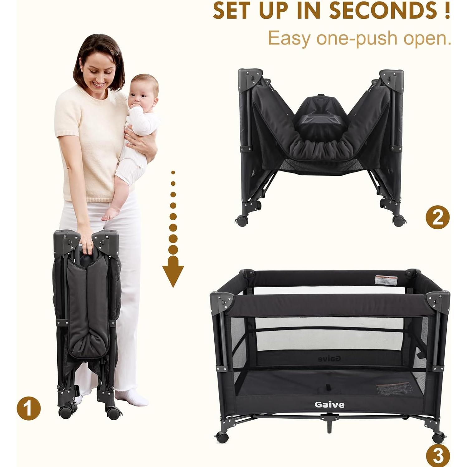 Cuna Pack and Play GAIVE con colchón y cambiador gris oscuro