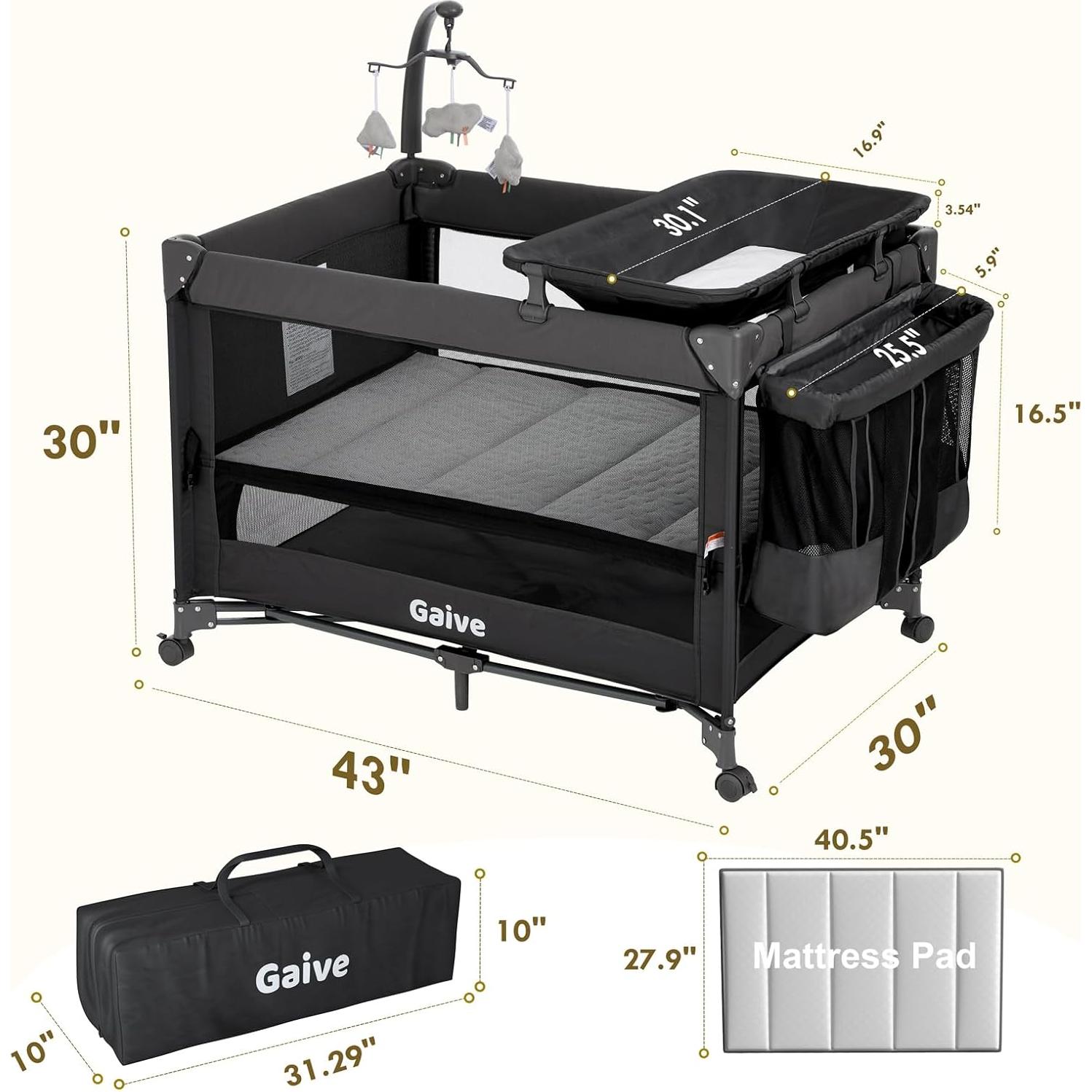 Cuna Pack and Play GAIVE con colchón y cambiador gris oscuro