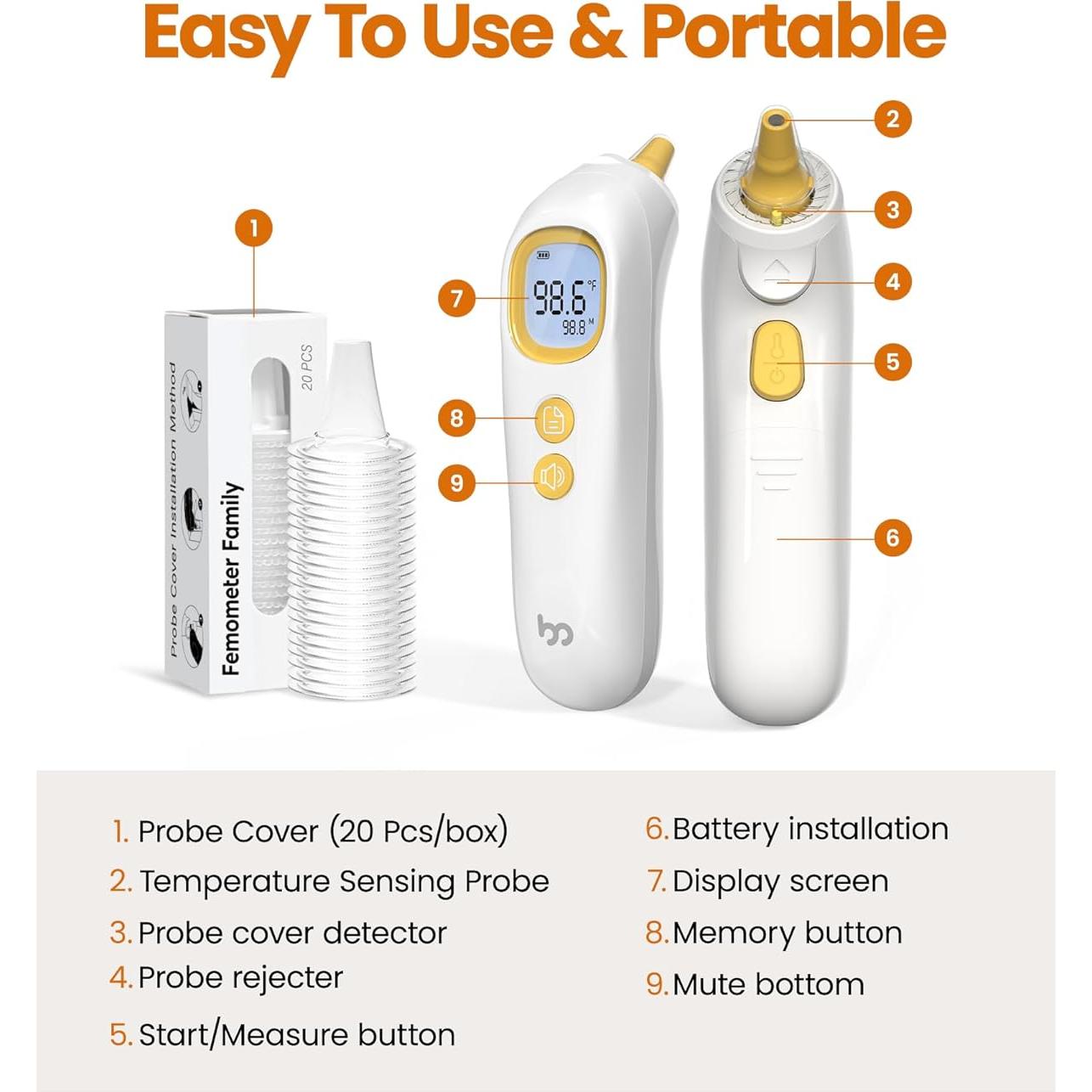 Termómetro de oído Femometer ET107, 1s rápido, 32 memorias