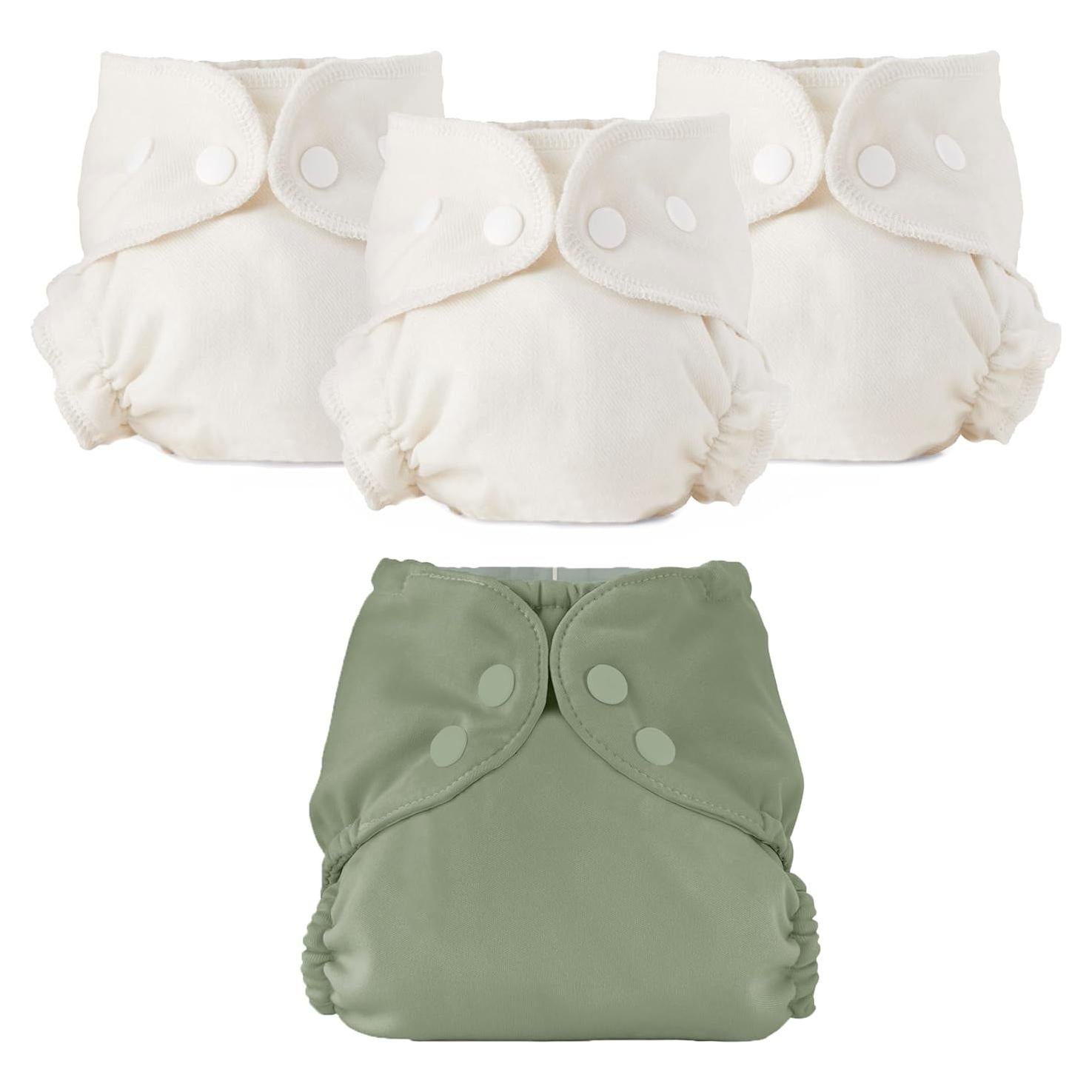 Conjunto de Pañales de Tela Esembly - 3 Inners Algodón Orgánico y 1 Cubierta Impermeable - Tamaño 1 (3.2-7.7 kg)