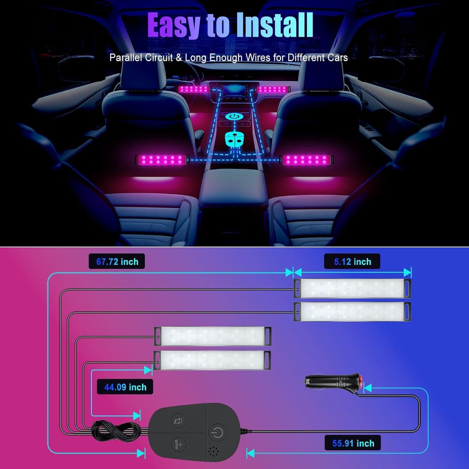 Luces LED RGB para Interior de Automóvil Honalia, Control APP