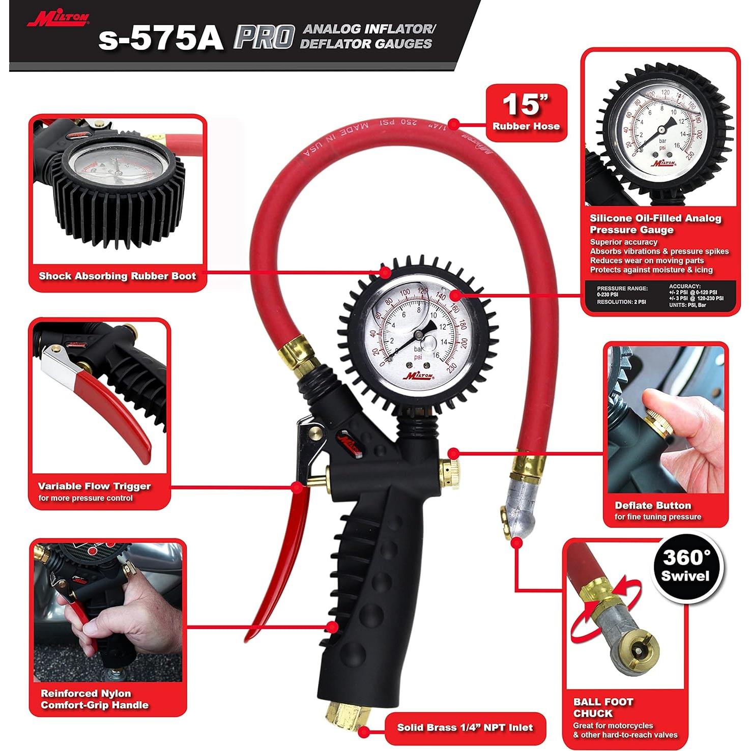 Medidor Analógico de Inflador Milton S-575A 0-230 PSI
