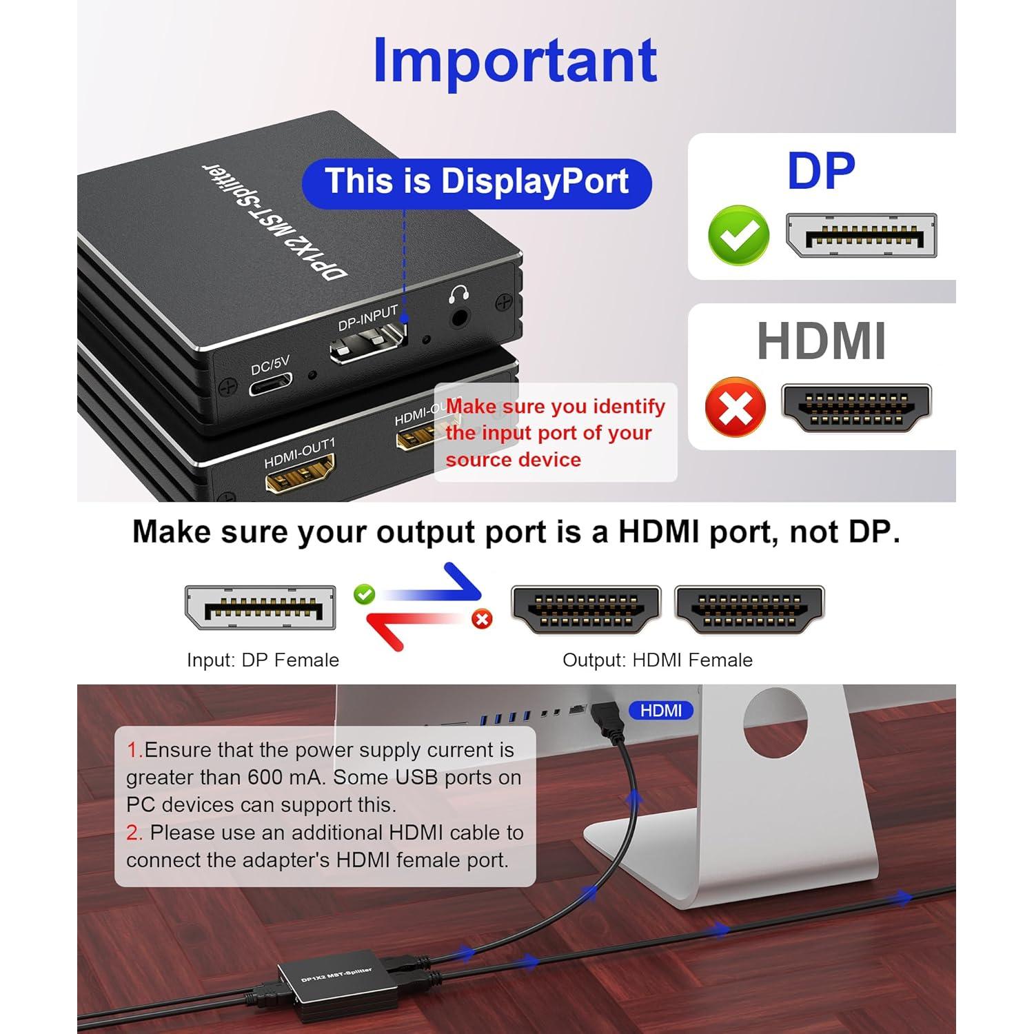 Divisor DisplayPort a 2 HDMI 4K 60Hz Pubiohs - Multitarea