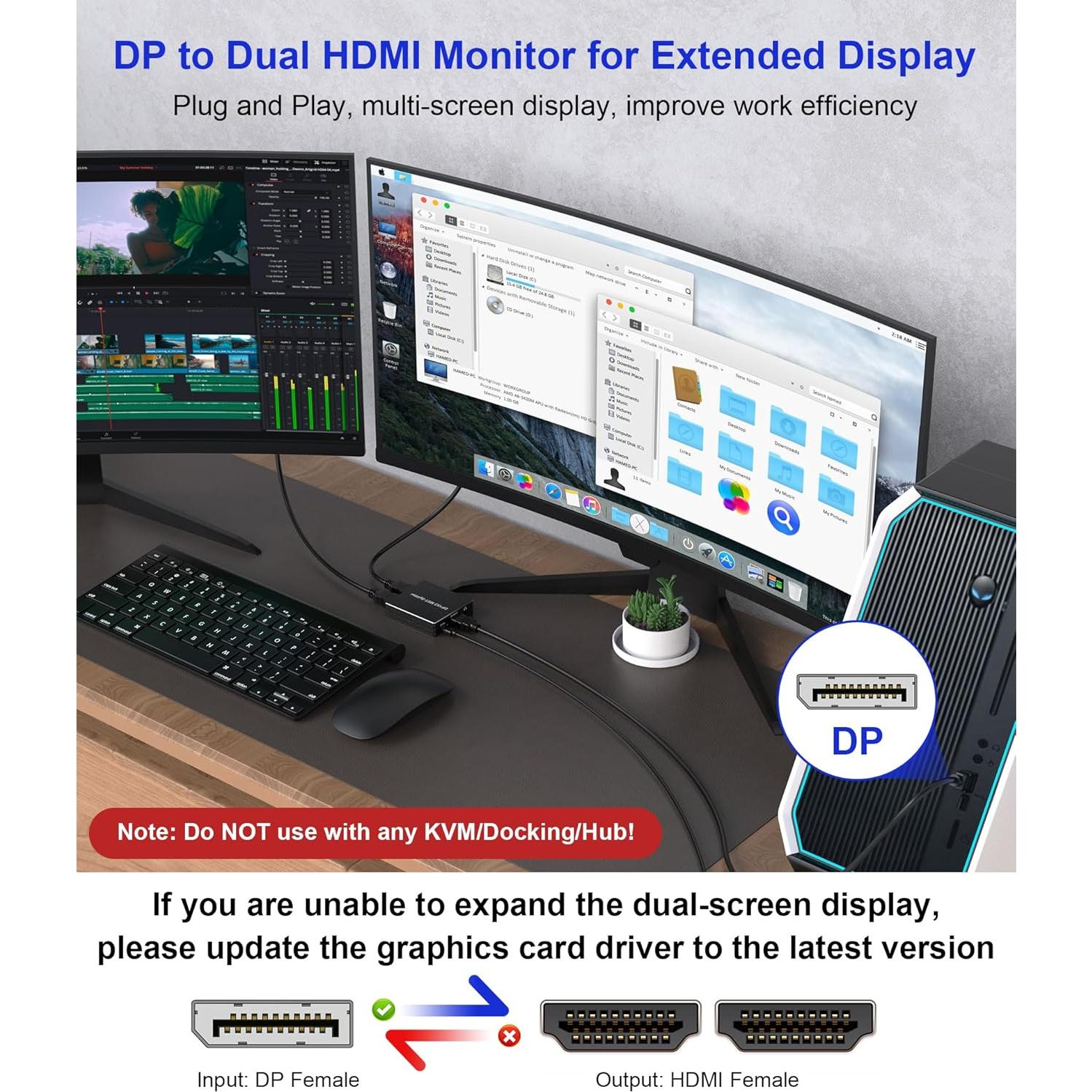Divisor DisplayPort a 2 HDMI 4K 60Hz Pubiohs - Multitarea