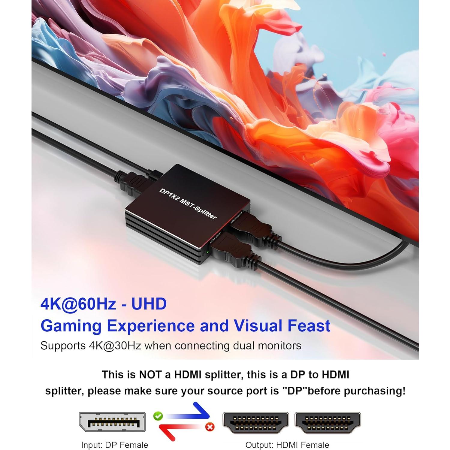 Divisor DisplayPort a 2 HDMI 4K 60Hz Pubiohs - Multitarea