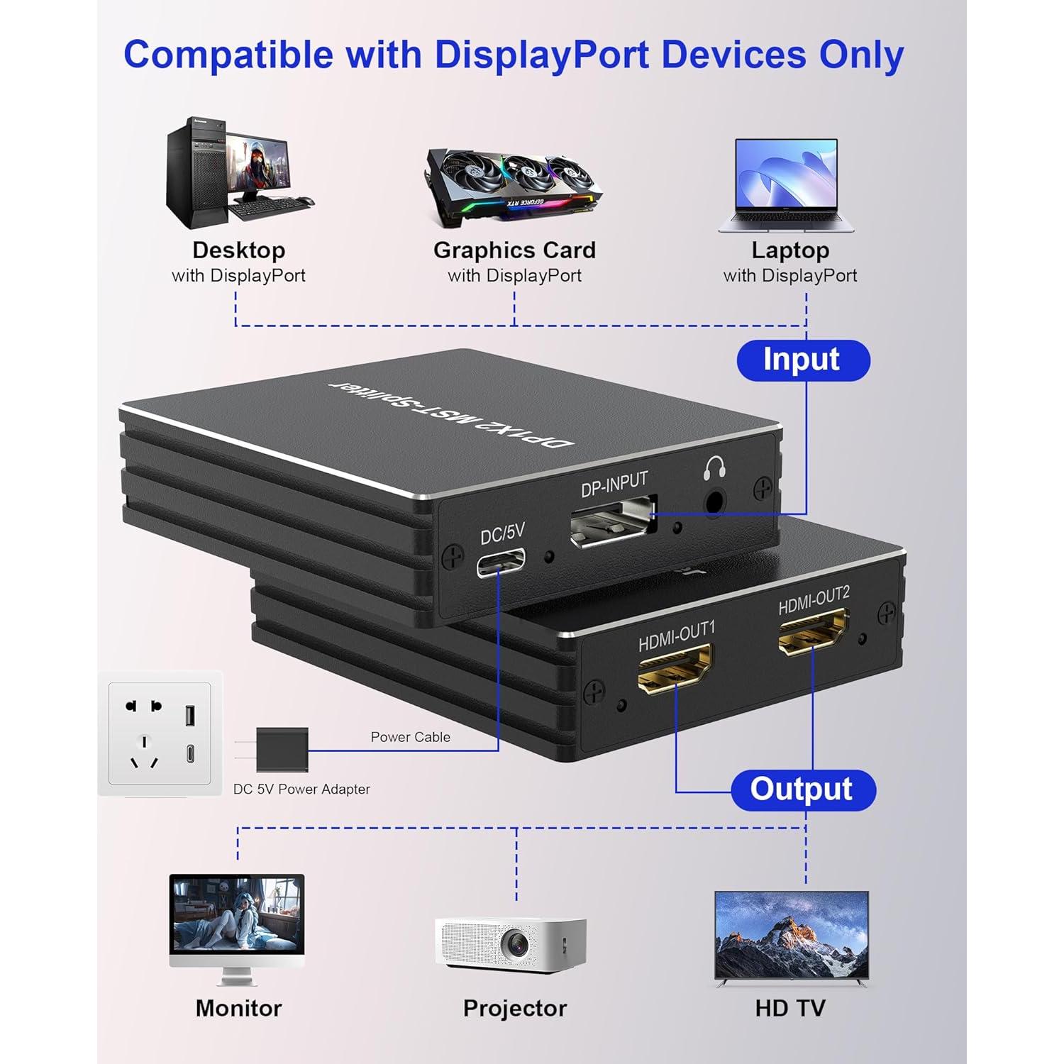 Divisor DisplayPort a 2 HDMI 4K 60Hz Pubiohs - Multitarea