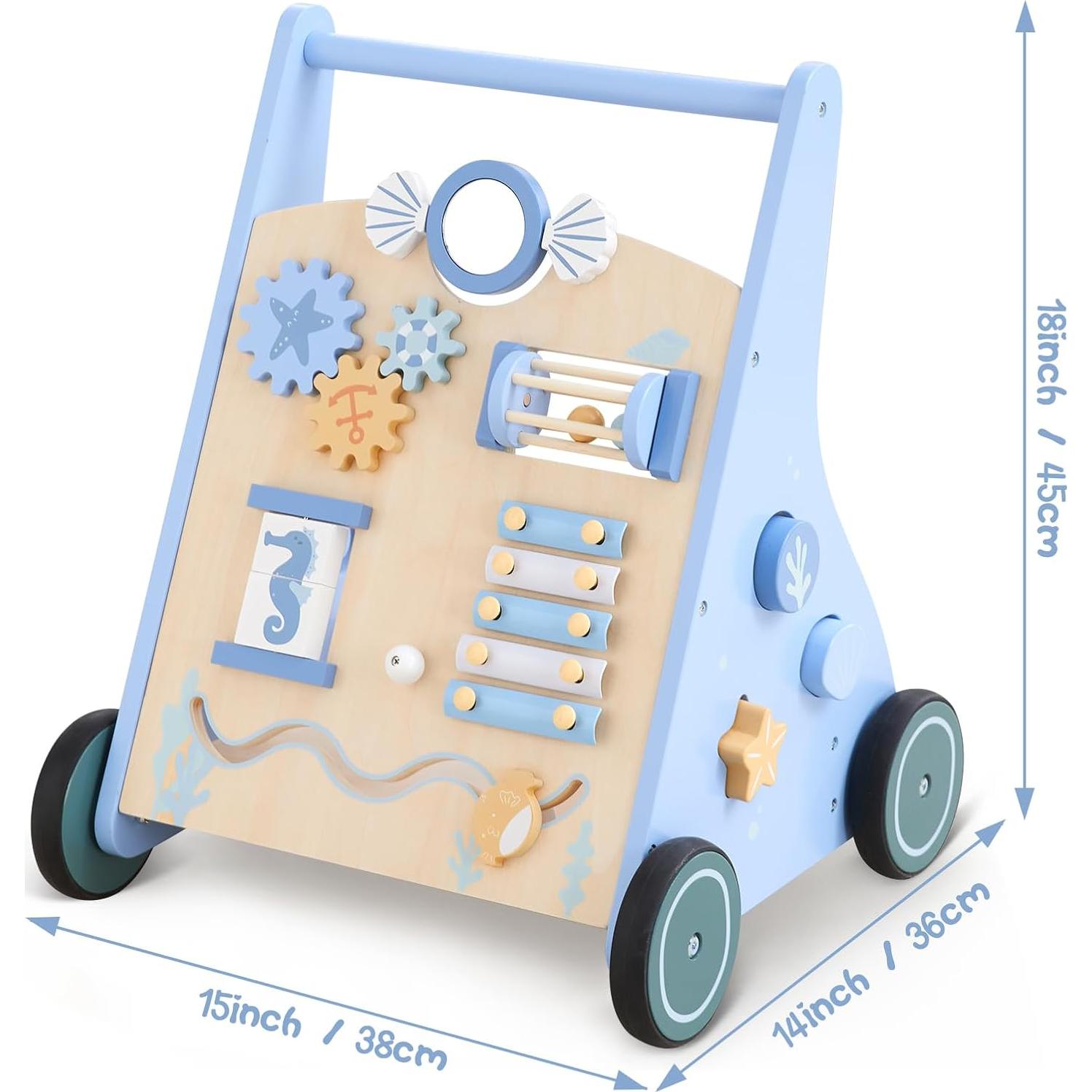 Andador de Madera Beright Azul para Bebés 12 en 1 con Actividades