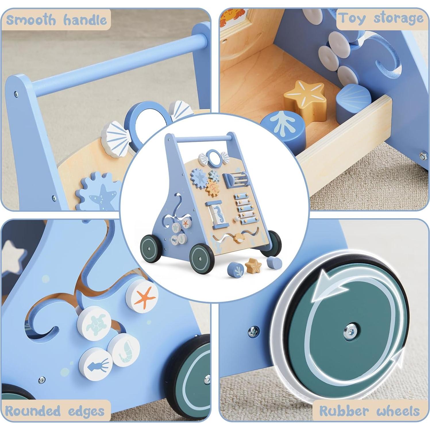 Andador de Madera Beright Azul para Bebés 12 en 1 con Actividades