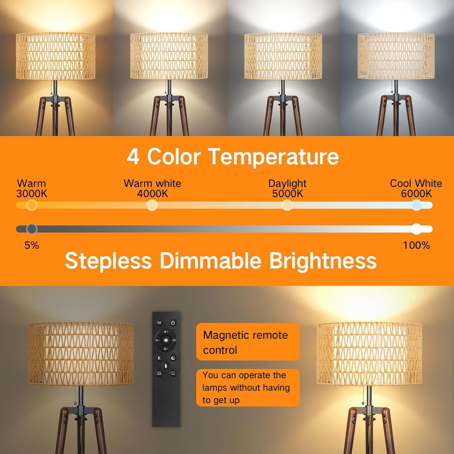 Lámpara de Pie Tripode Boho OUTON con Estantes y Control Remoto