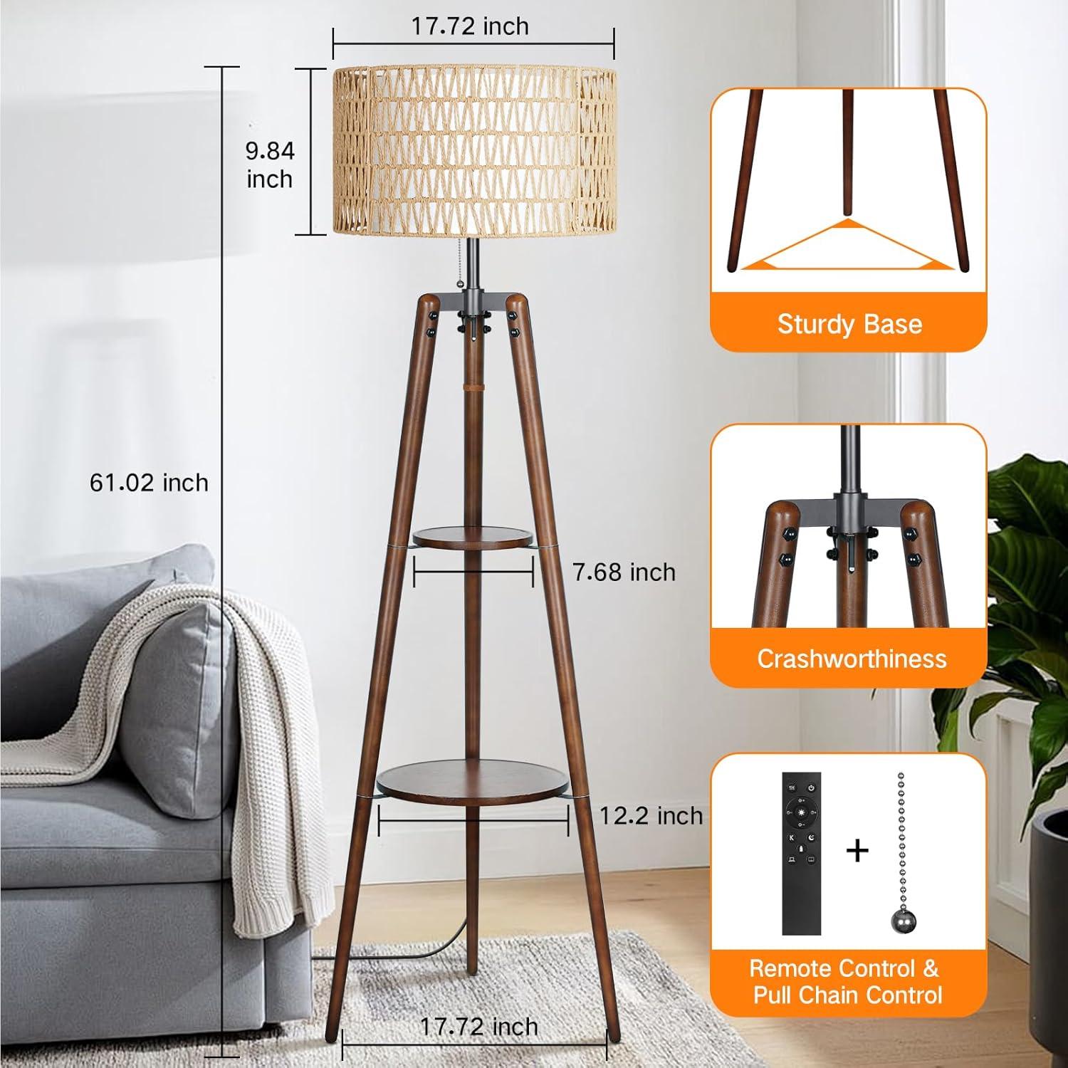 Lámpara de Pie Tripode Boho OUTON con Estantes y Control Remoto