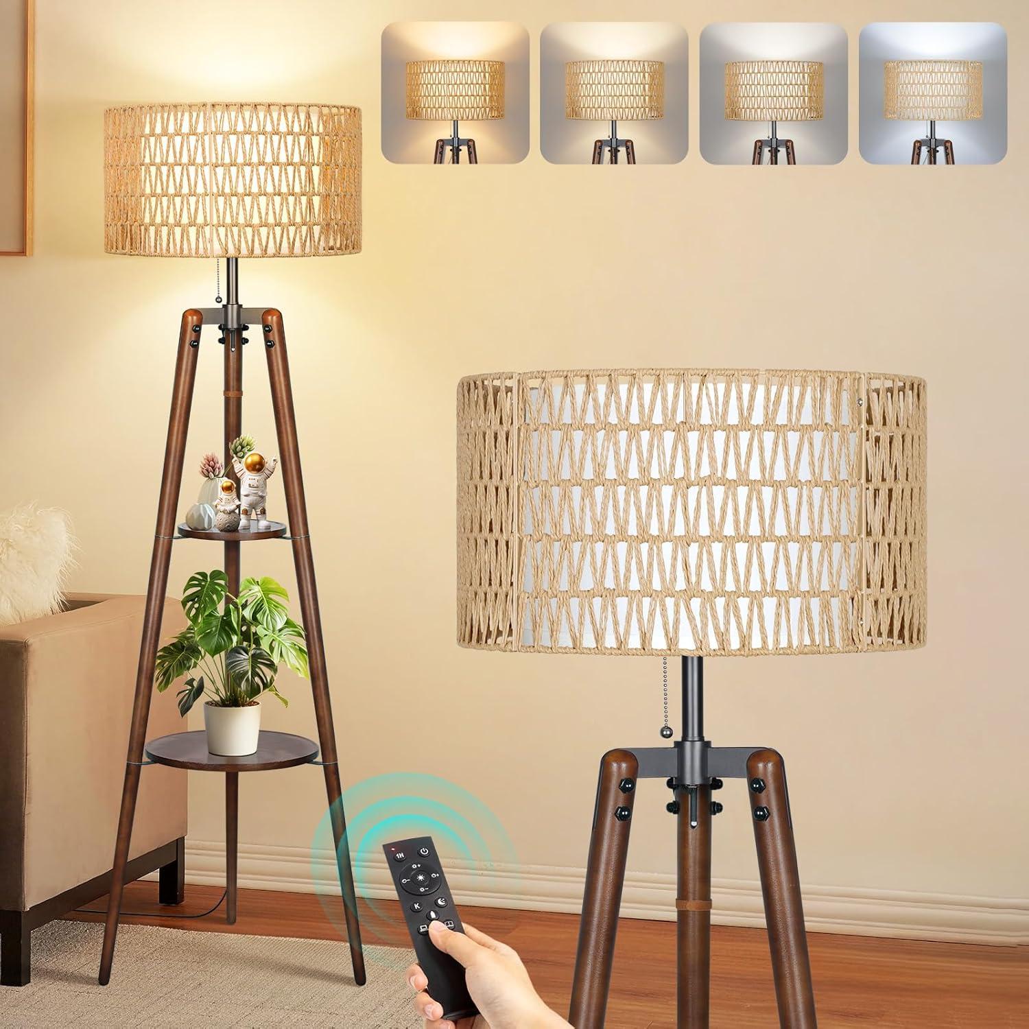 Lámpara de Pie Tripode Boho OUTON con Estantes y Control Remoto