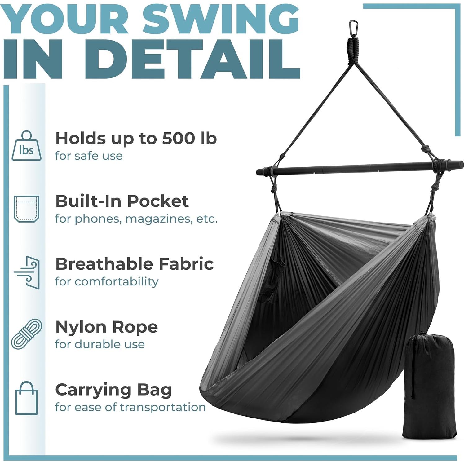 Silla Hamaca Colgante Sorbus Negra - Plegable y Liviana 227 kg