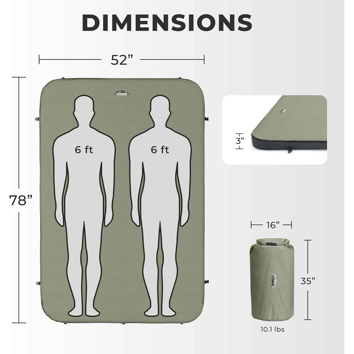 Cama de Camping Autoinflable Doble CORE 198x132 cm Verde Oliva
