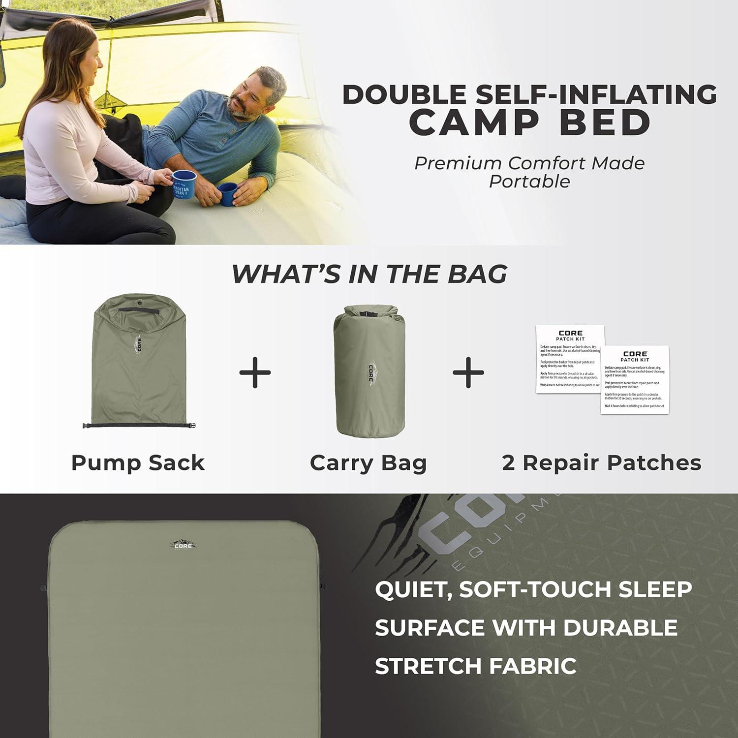 Cama de Camping Autoinflable Doble CORE 198x132 cm Verde Oliva