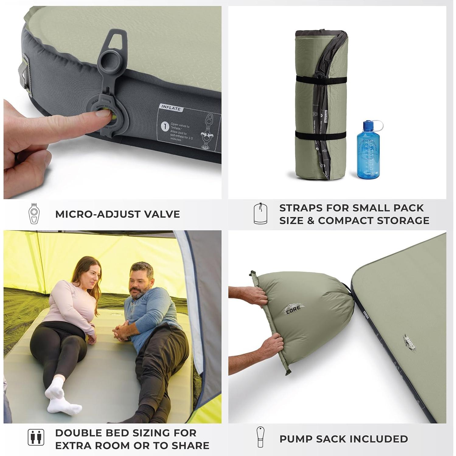 Cama de Camping Autoinflable Doble CORE 198x132 cm Verde Oliva