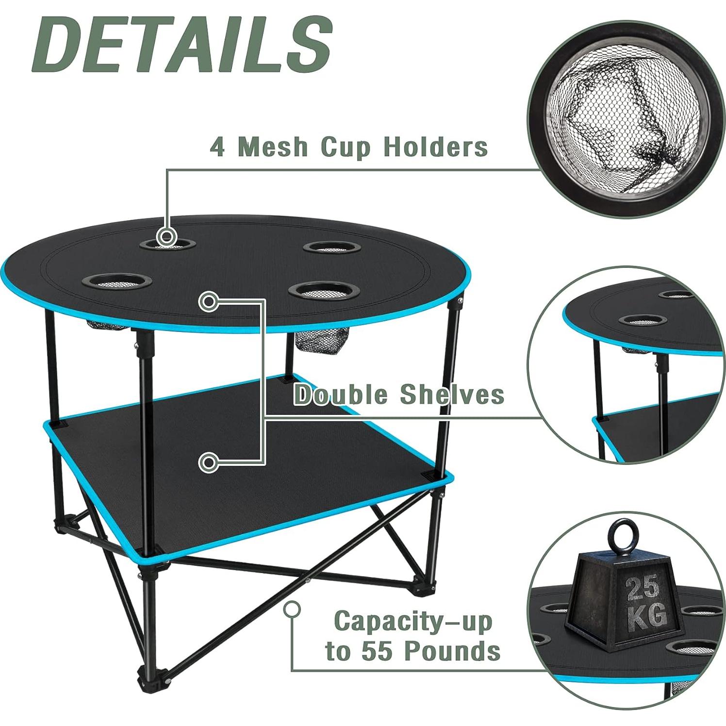 Mesa de Camping Plegable LESES Oxford 72.9x72.9cm Negro y Azul