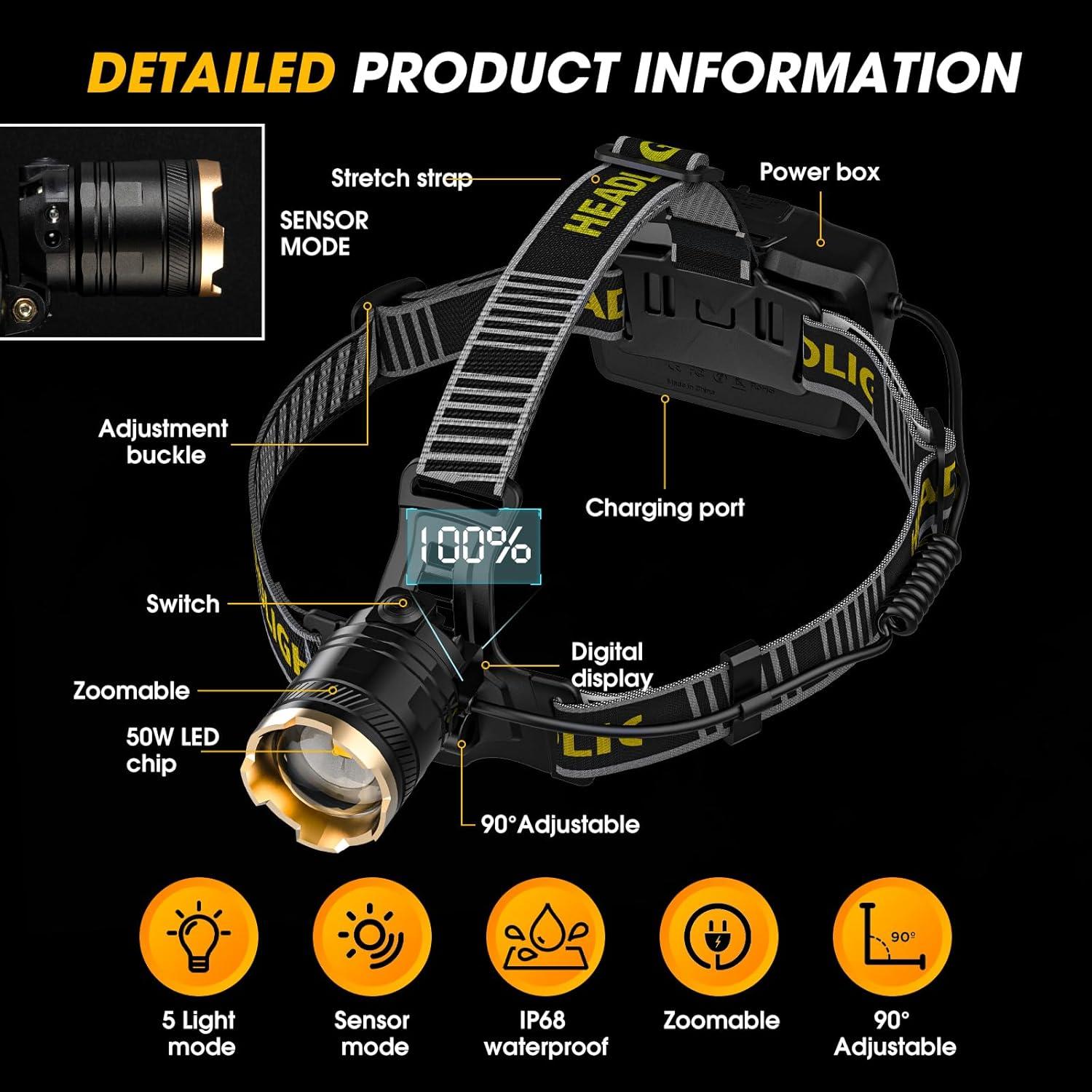 Linterna Frontal Recargable Weejunki 160000 LM IP68 Ajustable