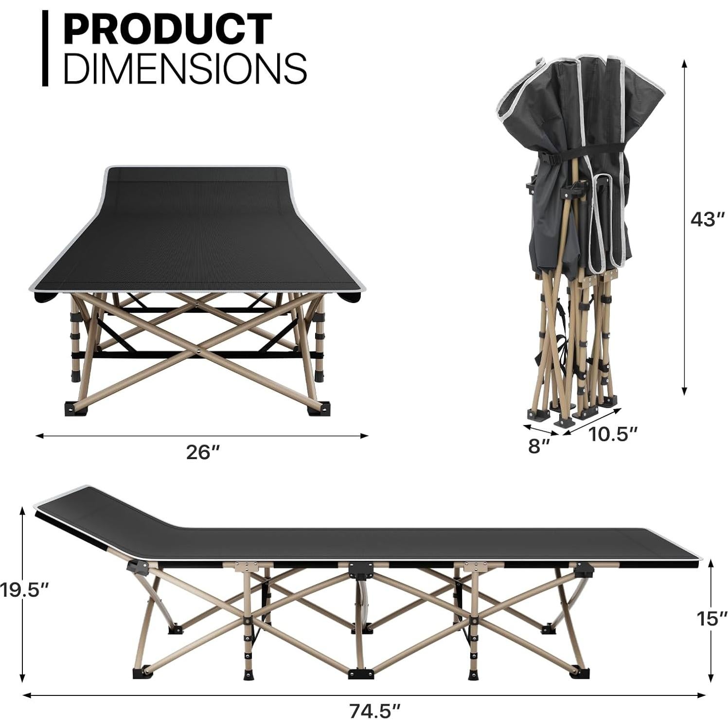 Cama Plegable MoNiBloom para Camping, Soporta 163 kg, Negra