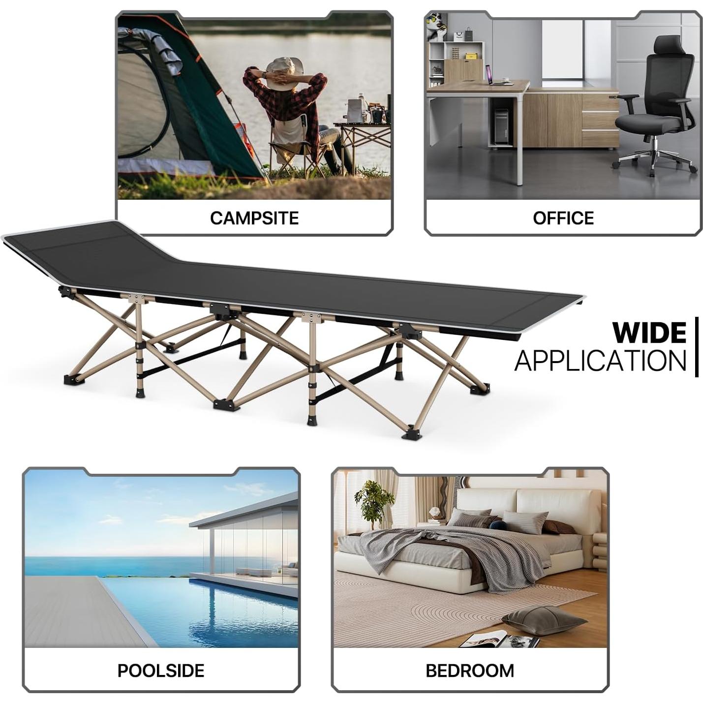 Cama Plegable MoNiBloom para Camping, Soporta 163 kg, Negra