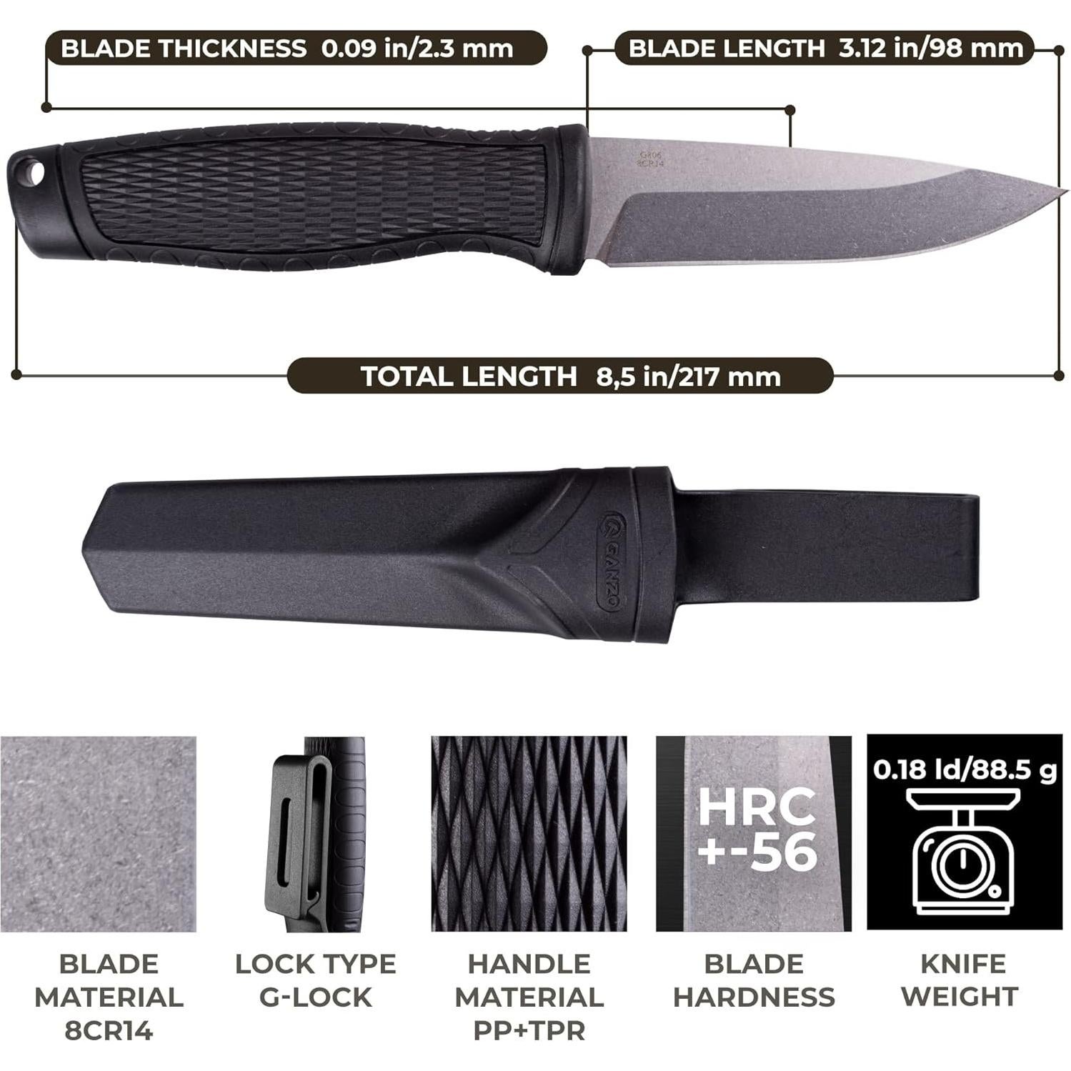 Cuchillo Fijo Ganzo G806-BK Acero Inoxidable 9.8 cm Camping