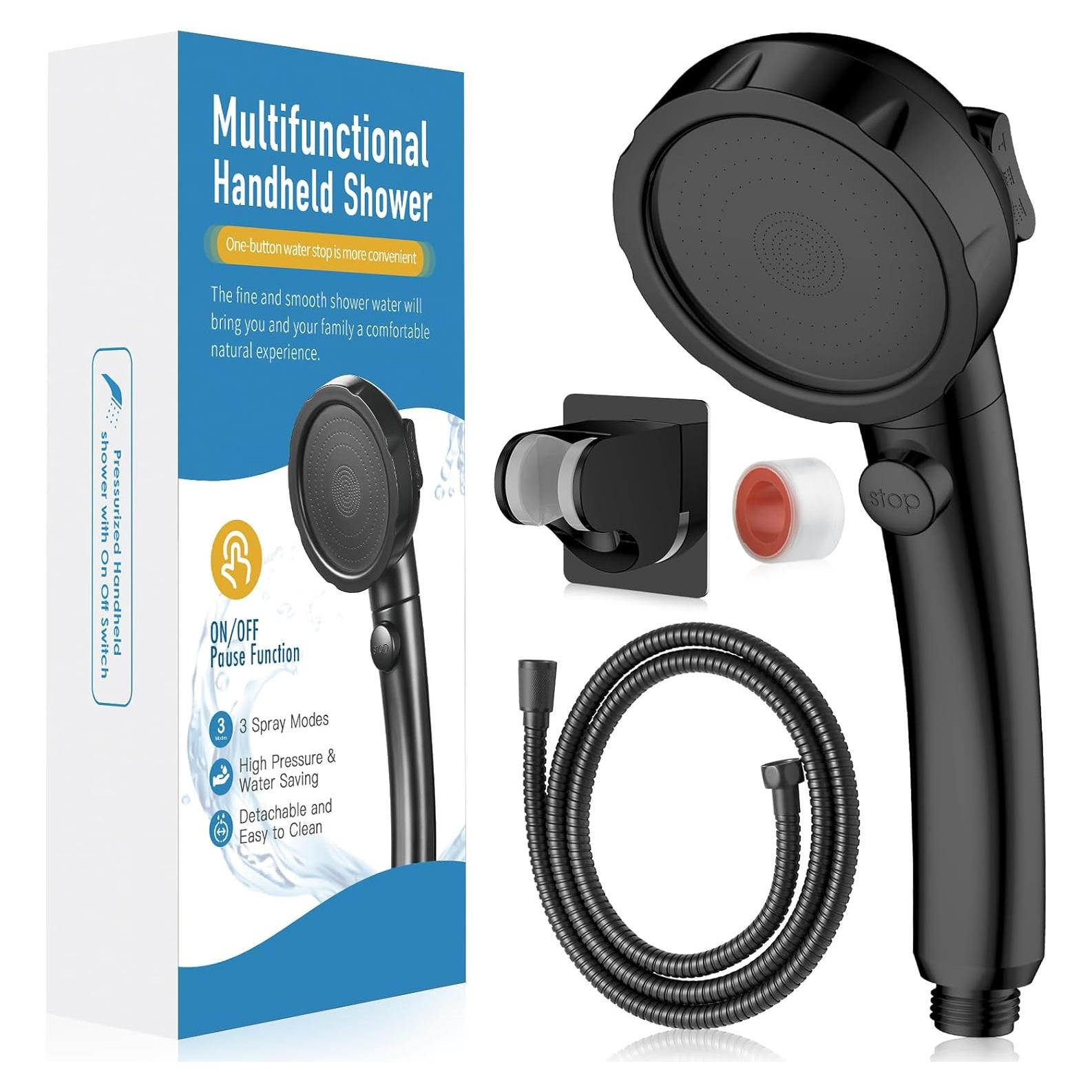 Cabezal de Ducha HEROBAI Alta Presión 3 Modos Ahorra Agua Negro