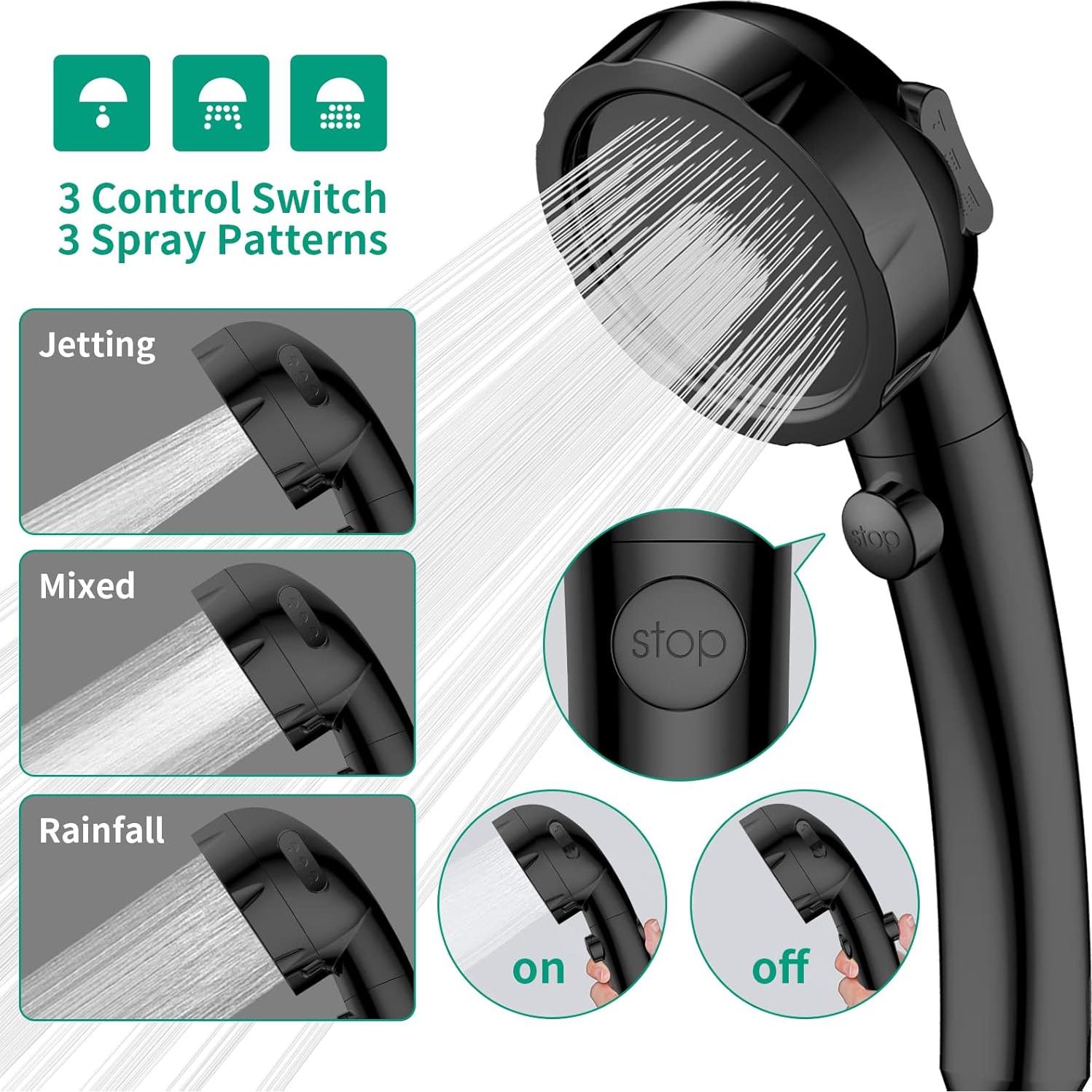 Cabezal de Ducha HEROBAI Alta Presión 3 Modos Ahorra Agua Negro